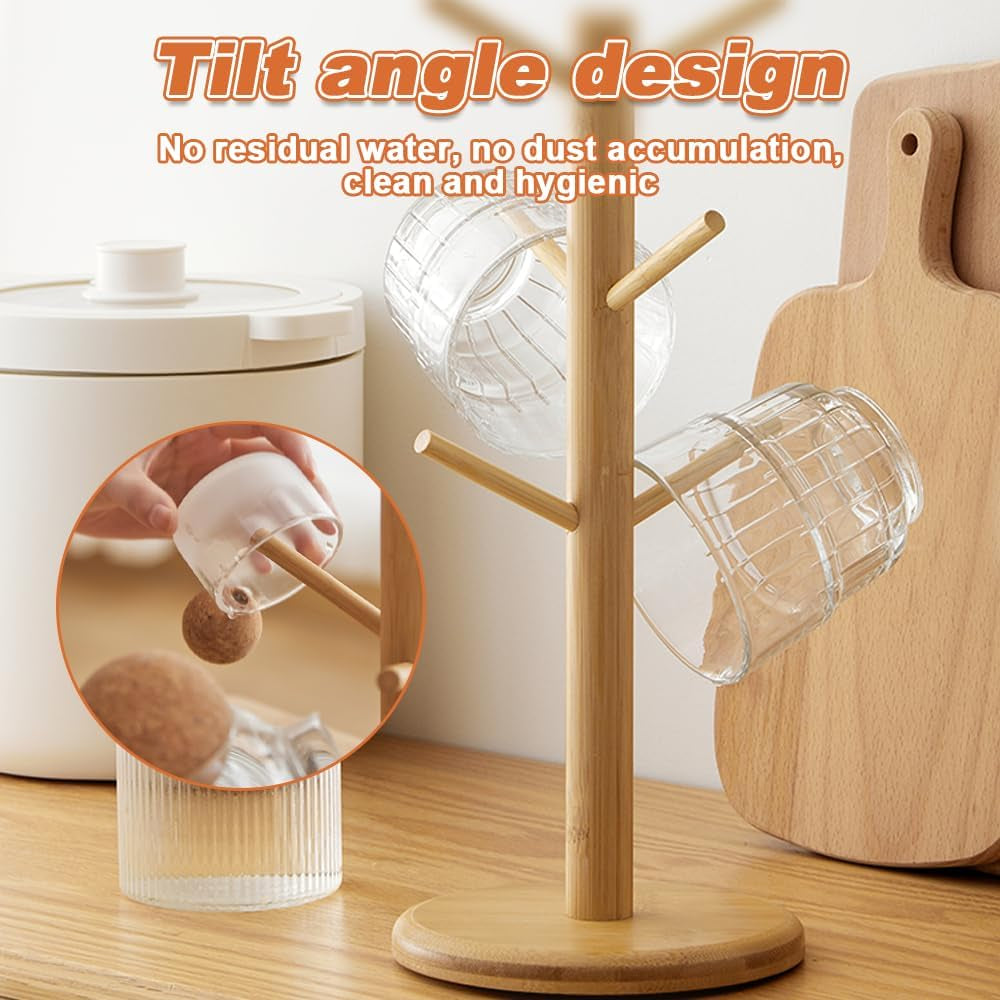 6 Cup Mug Tree Wooden Mug Tree Stand Wood Mug Rack Bamboo Cup Holder Tree Coffee Cup Holder Storage Organizer Kitchen Storage Rack with Anti-Slip Weighted Base for Coffee Tea Mugs Cups