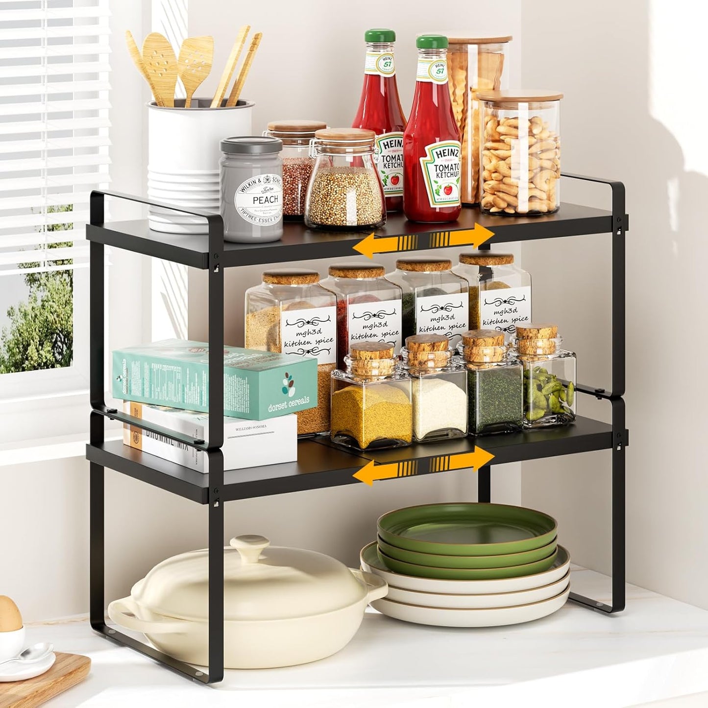 Extendable Kitchen Cupboard Shelf Expandable Storage Rack Shelf Kitchen Shelf Organiser,Spice Racks,Cupboard Shelf，Suitable for Home and Kitchen Storage,1 Pack Black