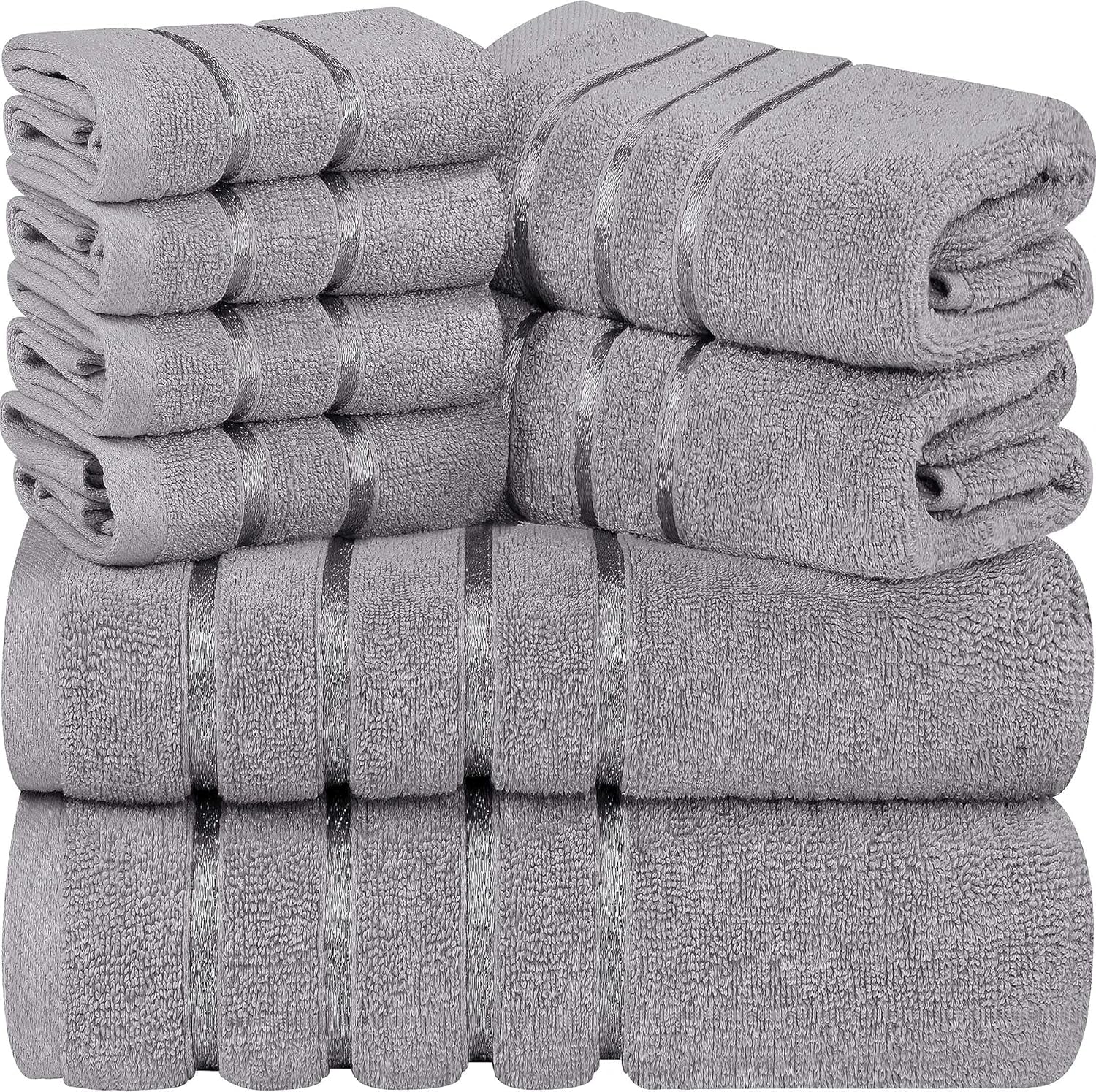 8-Piece Luxury Towel Set, 2 Bath Towels, 2 Hand Towels, and 4 Wash Cloths,97% Ring Spun Cotton Highly Absorbent Viscose Stripe Towels Ideal for Everyday Use (Cool Grey)