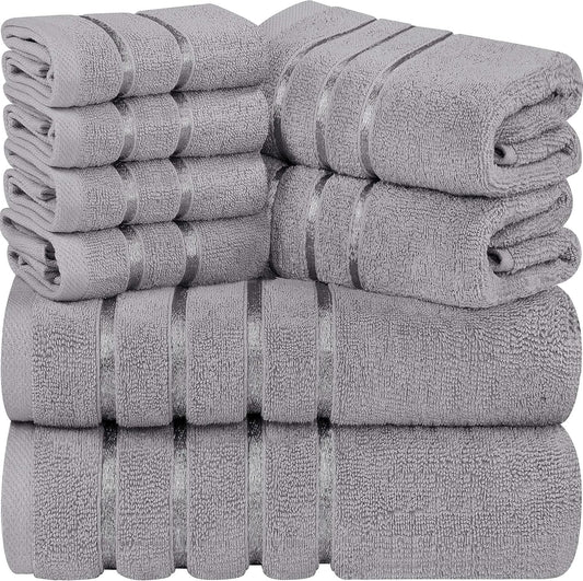 8-Piece Luxury Towel Set, 2 Bath Towels, 2 Hand Towels, and 4 Wash Cloths,97% Ring Spun Cotton Highly Absorbent Viscose Stripe Towels Ideal for Everyday Use (Cool Grey)
