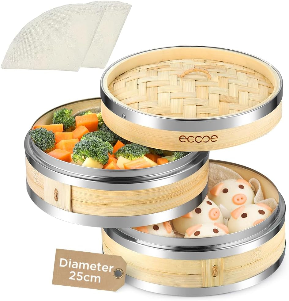 Bamboo Food Steamer,7.87″ (20.5Cm) Steaming Basket 2-Tiers with Lid+2 Cotton Cloths,Steamer Cooking Attachment with Stainless Steel Strip Formation,Best for Vegetables,Dim Sum, Meat and Fish