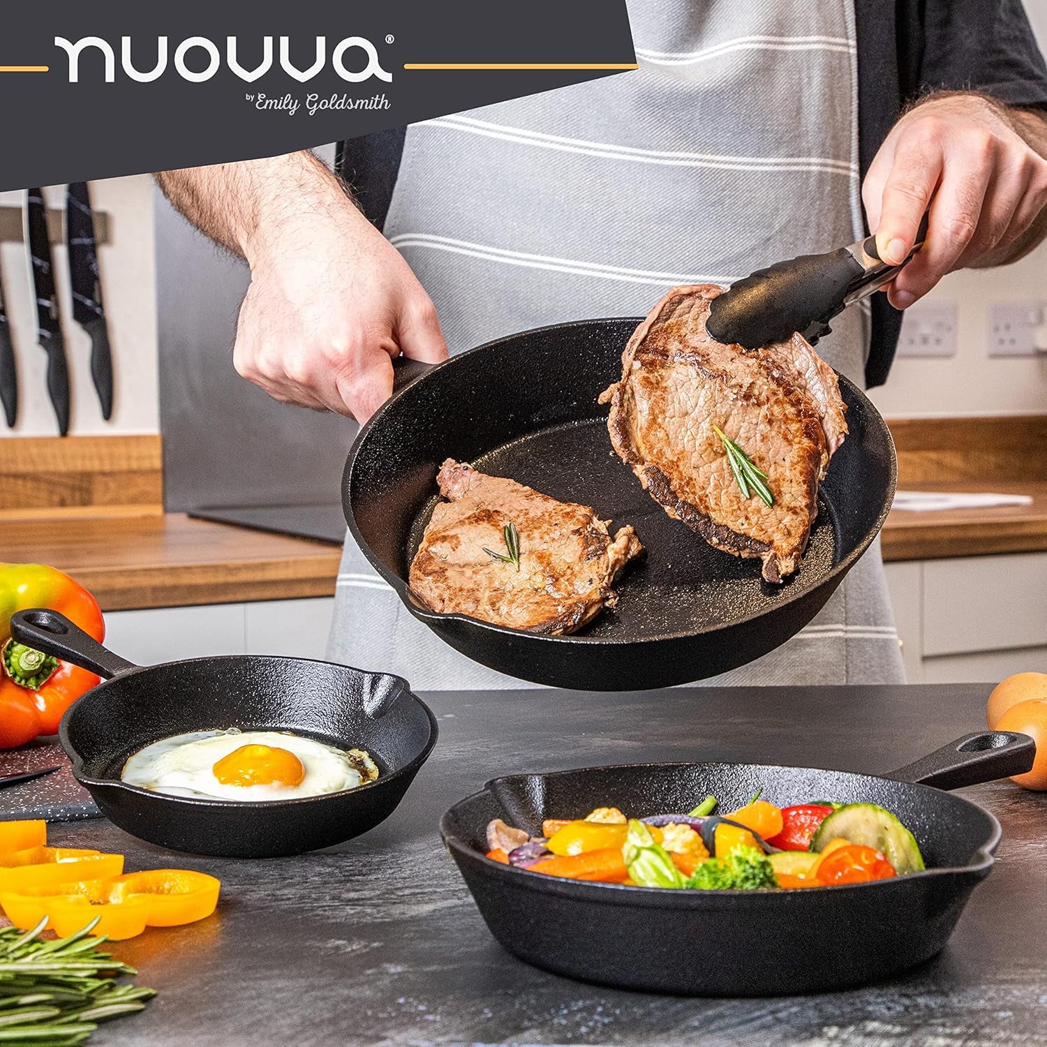 Pre-Seasoned Cast Iron Skillet Frying Pans Oven Safe Cookware for Indoor & Outdoor Use - Grill, Stovetop, Black (3-Piece Chef Set 6-Inch 15Cm, 8-Inch 20Cm, 10-Inch 25Cm)