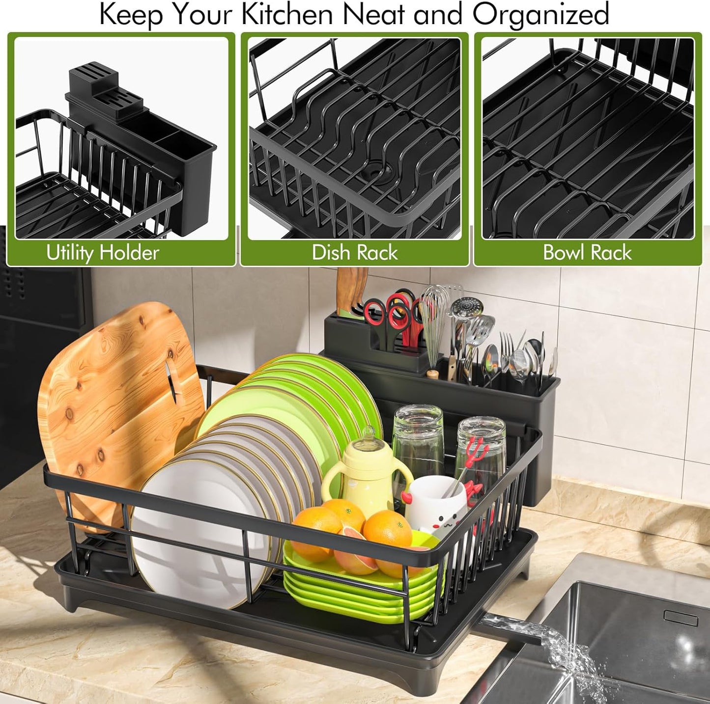 Dish Drainer Rack, Space Saving Dish Drainer for Kitchen Counter with Utensil Holder, Kitchen Dish Rack Sink Dish Drying Rack with Drain Board, Black