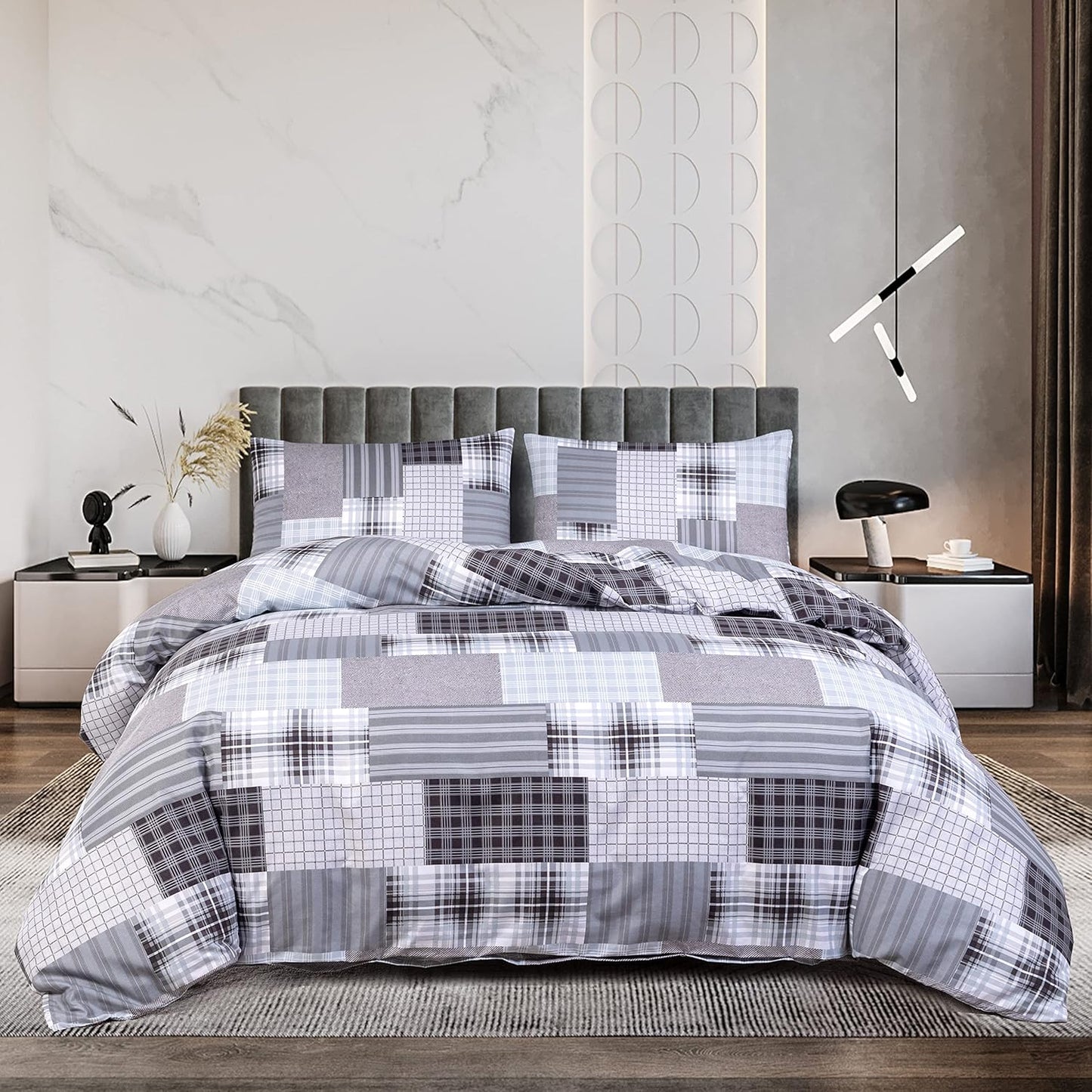 Best Linen 4 Piece Duvet Cover Set Polyester Cotton Quilt Cover Pillow Case & Fitted Sheet Complete Bedding Set Easy Care Machine Wash anti Allergic (Floral Grey, Double) (Duvetcover001)