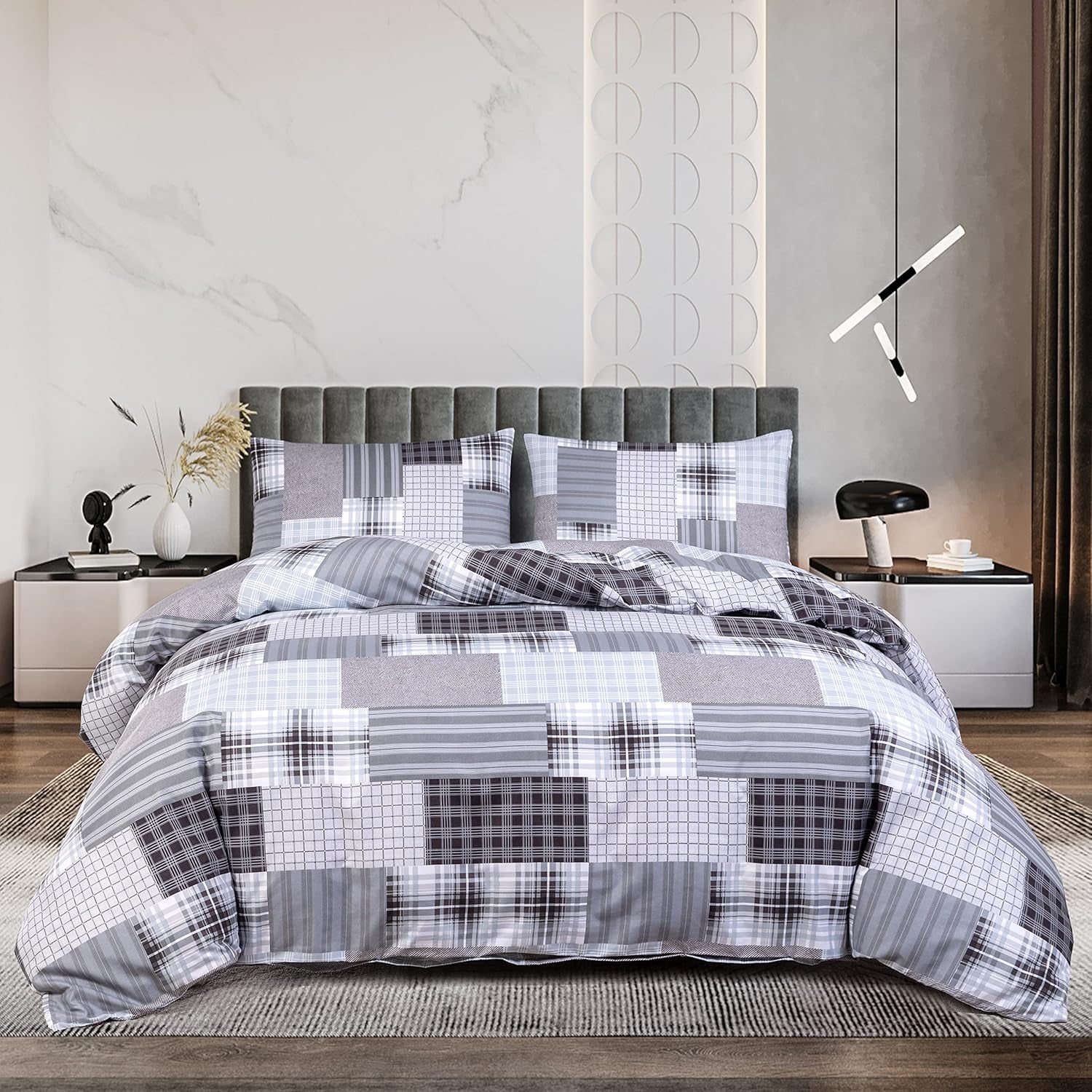 Best Linen 4 Piece Duvet Cover Set Polyester Cotton Quilt Cover Pillow Case & Fitted Sheet Complete Bedding Set Easy Care Machine Wash anti Allergic (Floral Grey, Double) (Duvetcover001)