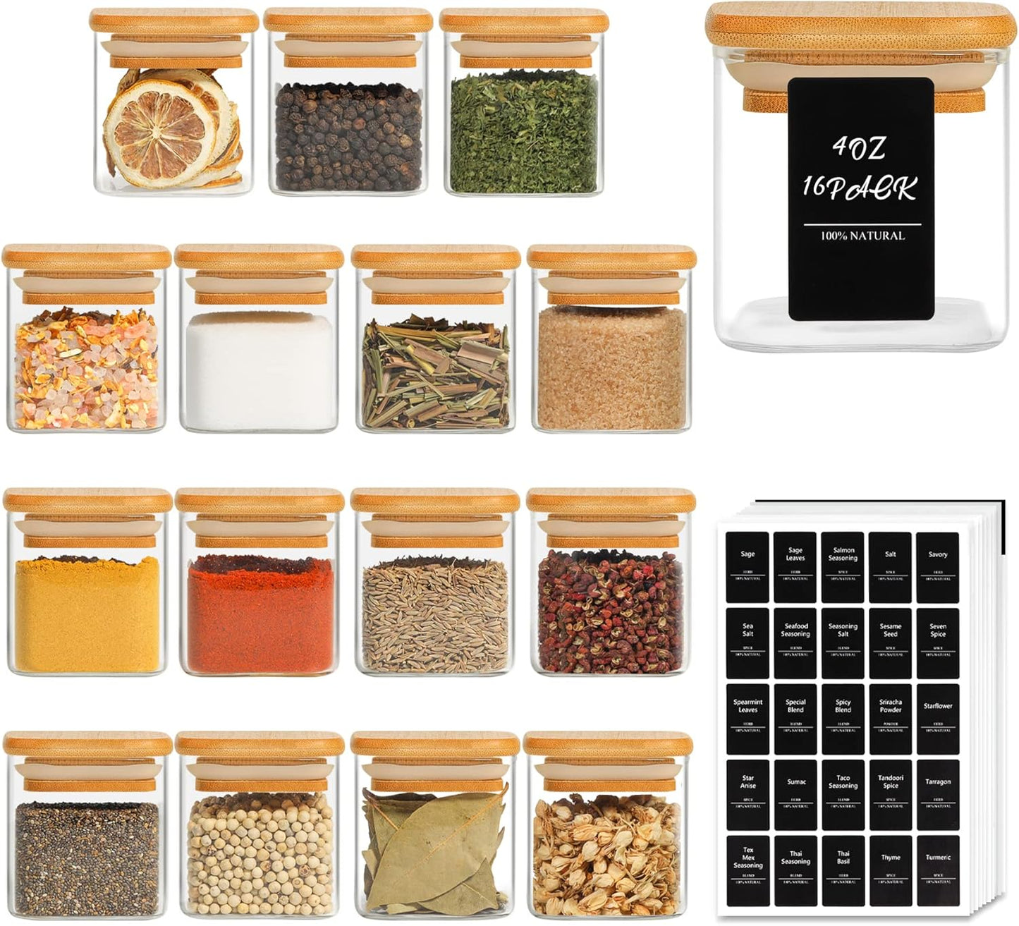 12 Pcs Glass Spice Jars with Bamboo Lids, 4Oz/120Ml Square Glass Storage Jars with 275 Black Lables, Airtight Spice Jars with Lids, Glass Container for Spice, Salt, Sugar, Seeds, Nuts Etc