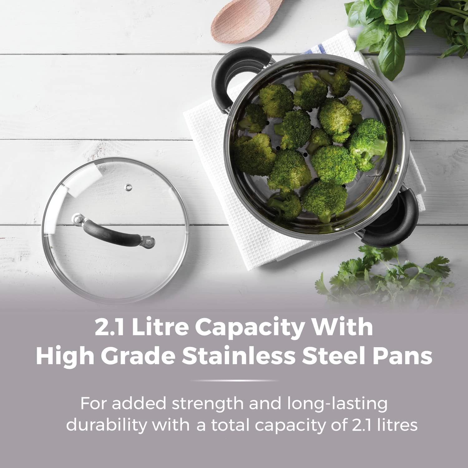 T80836 Essentials Induction Steamer Pans 3 Tier with Glass Lid, Silicone Handles, Stainless Steel, Steamer Cooking, Polished Mirror Finish, 18 Cm , Silver