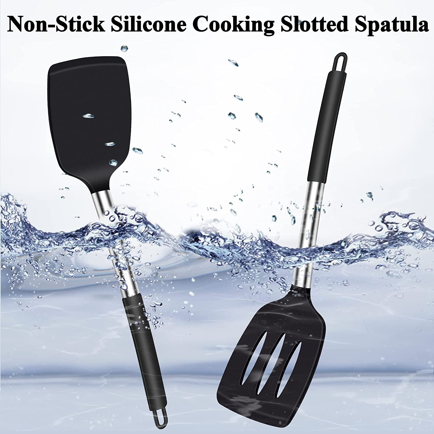 Silicone Spatula Turner, Heat Resistant Slotted Spatula Solid Turner for Cooking, BPA Free Large Black Silicone Spatula Kitchen Utensils for Baking Non Stick Cookware, Dishwasher Safe, 2 Pack