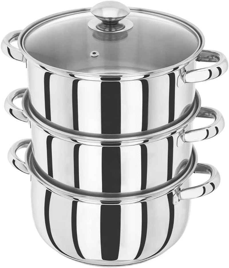 Essential 3-Tier Stainless Steel Steamer - Thermic Base & Vented Glass Lid, Oven-Safe Vegetable Steam Cooker with Cool Handles – Energy-Efficient, Induction Ready Healthy Steamer Cooking – 16Cm