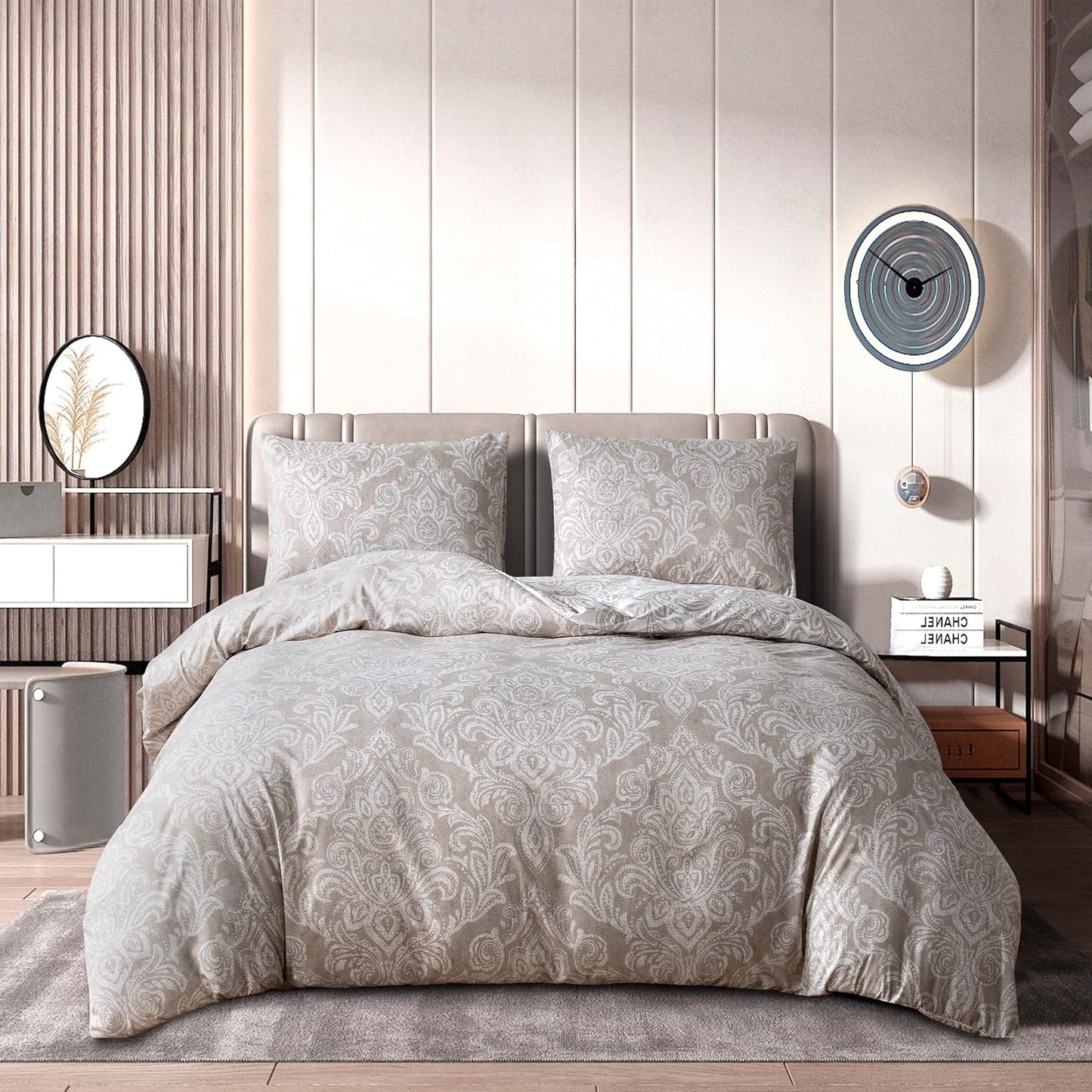 Best Linen 4 Piece Duvet Cover Set Polyester Cotton Quilt Cover Pillow Case & Fitted Sheet Complete Bedding Set Easy Care Machine Wash anti Allergic (Floral Grey, Double) (Duvetcover001)