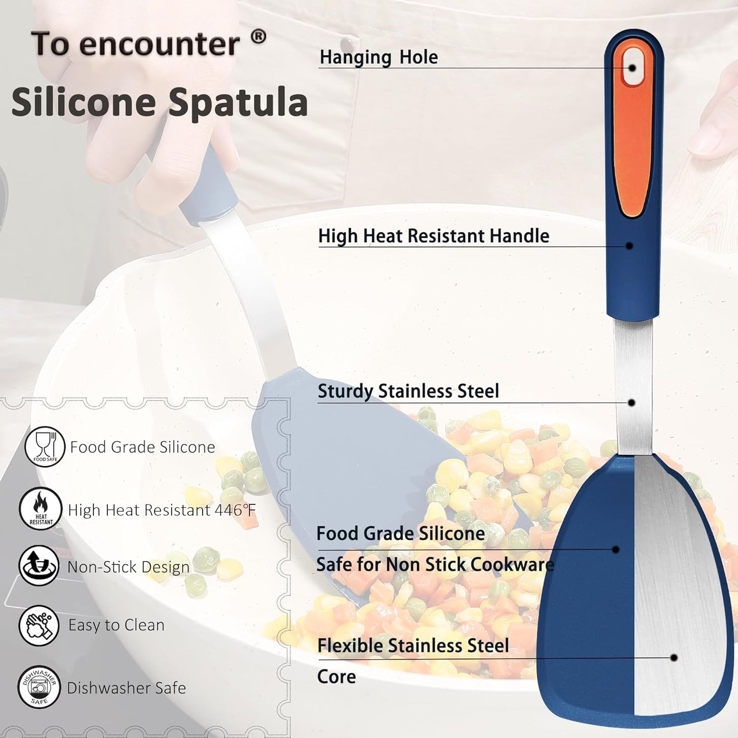 5 Pieces Silicone Spatula Set, BPA Free Silicone Turner Spatulas, Heat Resistance Cooking Utensils, Flip Turner for Fish, Egg, Pancake, Navy Blue