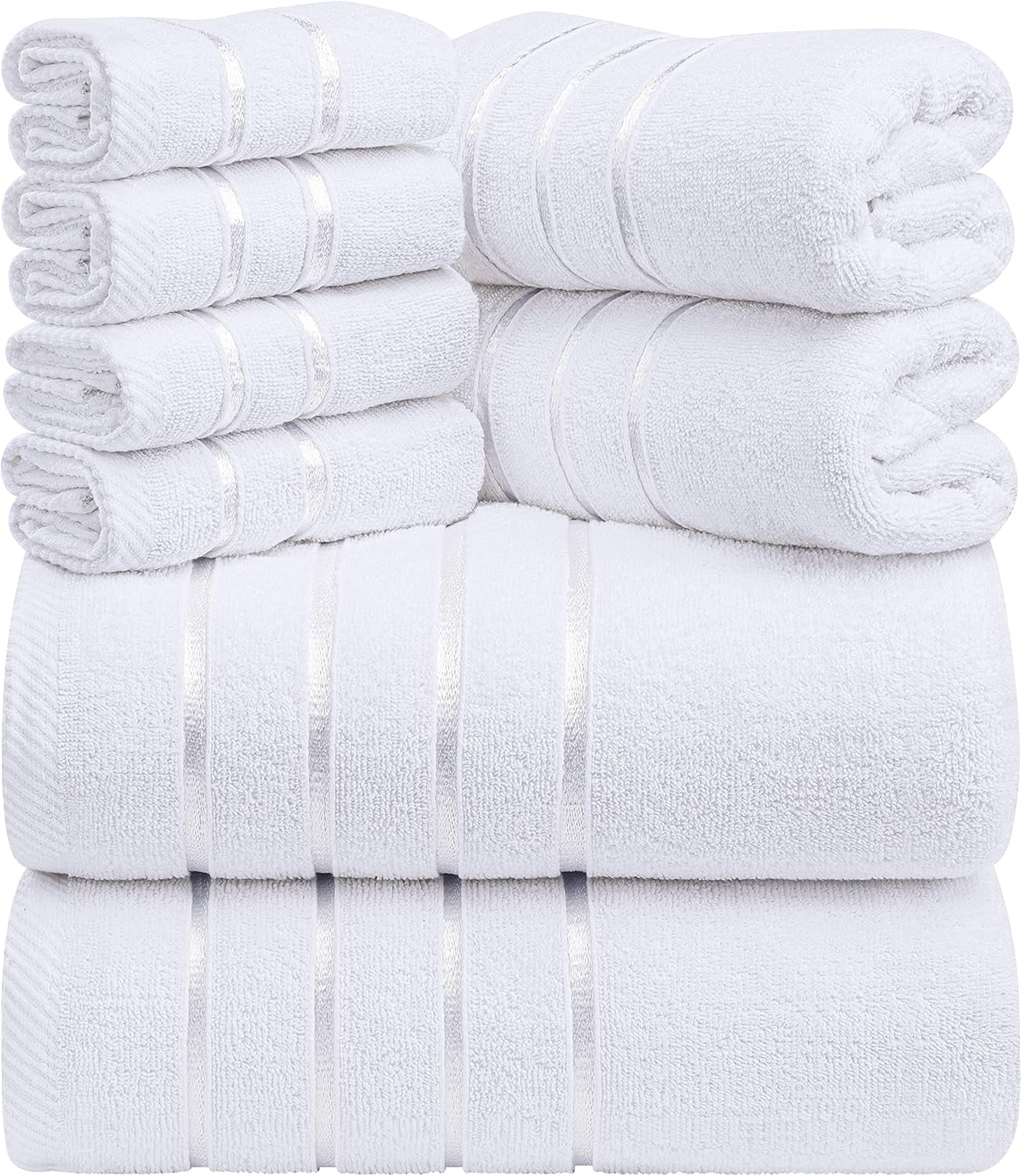 8-Piece Luxury Towel Set, 2 Bath Towels, 2 Hand Towels, and 4 Wash Cloths,97% Ring Spun Cotton Highly Absorbent Viscose Stripe Towels Ideal for Everyday Use (Cool Grey)