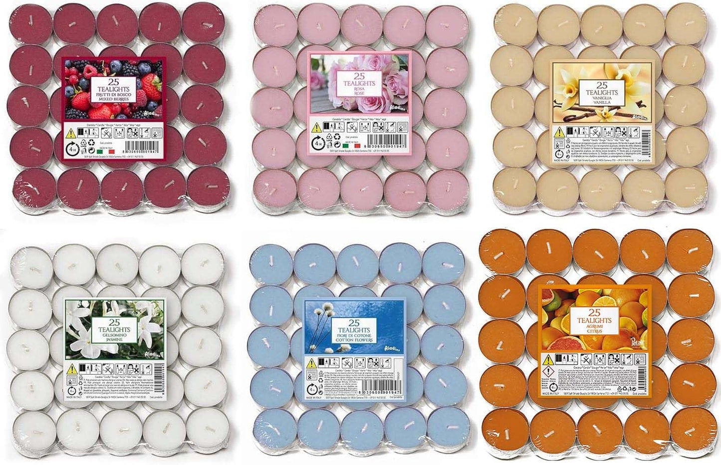 Aladino 150 Tea Lights Candles Scented Tealights- 25 X 6 Scents Mixed Pack - Cotton Flowers, Mixed Berries, Citrus, Rose, Lavender & Cinnamon