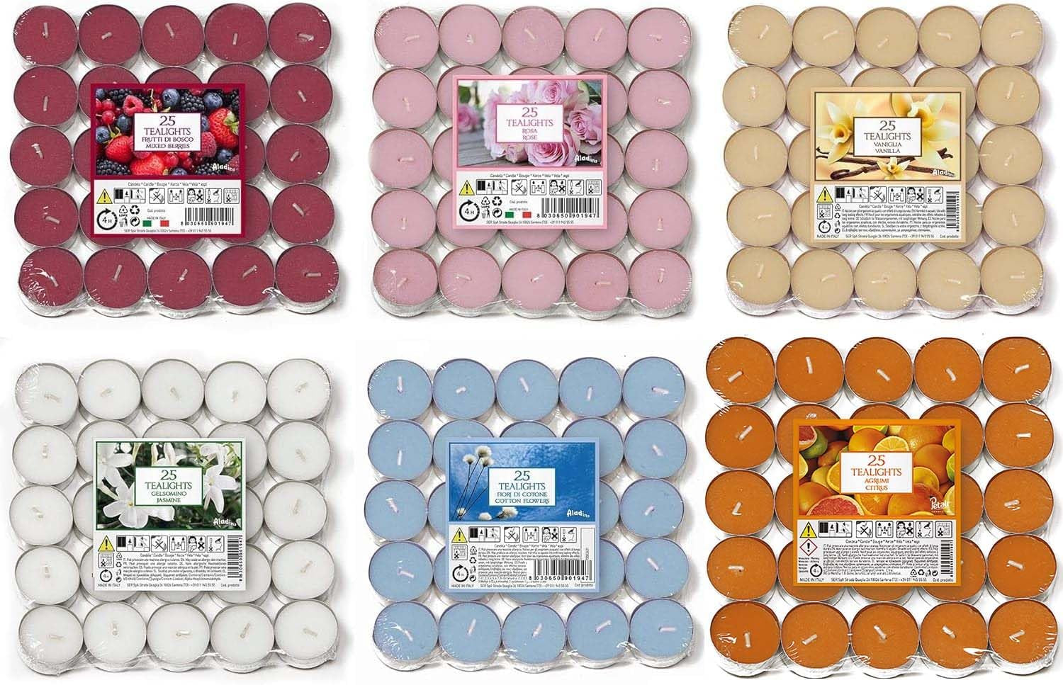 Aladino 150 Tea Lights Candles Scented Tealights- 25 X 6 Scents Mixed Pack - Cotton Flowers, Mixed Berries, Citrus, Rose, Lavender & Cinnamon