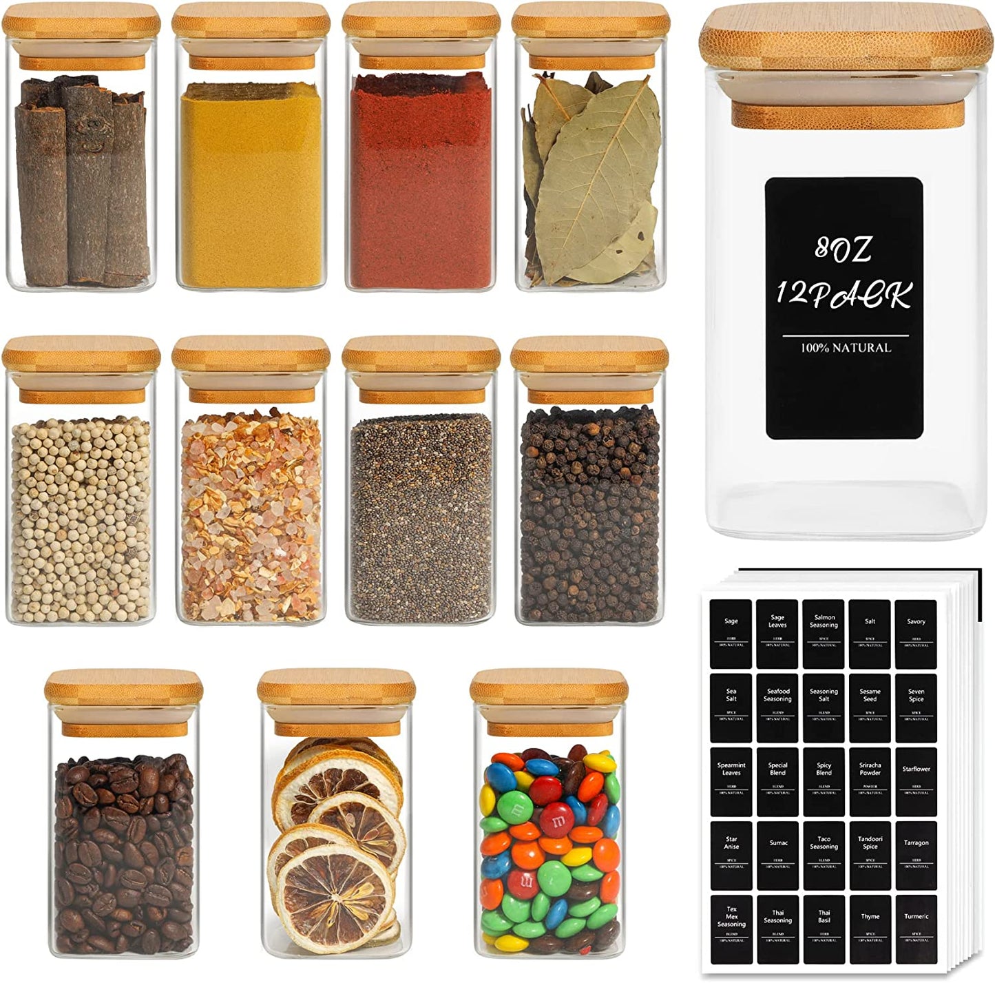 12 Pcs Glass Spice Jars with Bamboo Lids, 4Oz/120Ml Square Glass Storage Jars with 275 Black Lables, Airtight Spice Jars with Lids, Glass Container for Spice, Salt, Sugar, Seeds, Nuts Etc