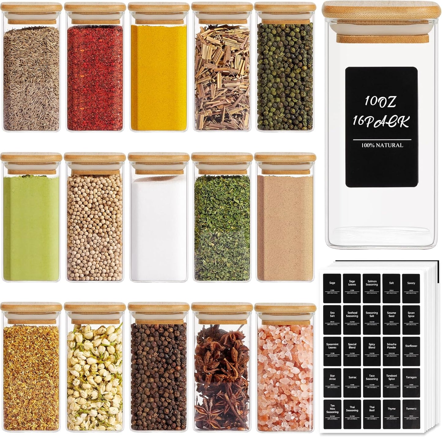 12 Pcs Glass Spice Jars with Bamboo Lids, 4Oz/120Ml Square Glass Storage Jars with 275 Black Lables, Airtight Spice Jars with Lids, Glass Container for Spice, Salt, Sugar, Seeds, Nuts Etc