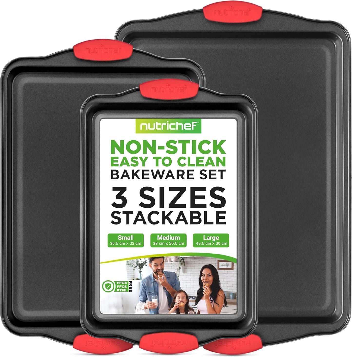 Baking Tray Set - Oven Baking Pans, 3 Piece Non-Stick Oven Trays, Deluxe & Stylish High Quality - Matal Bakeware, Black W/Red Silicone Handles