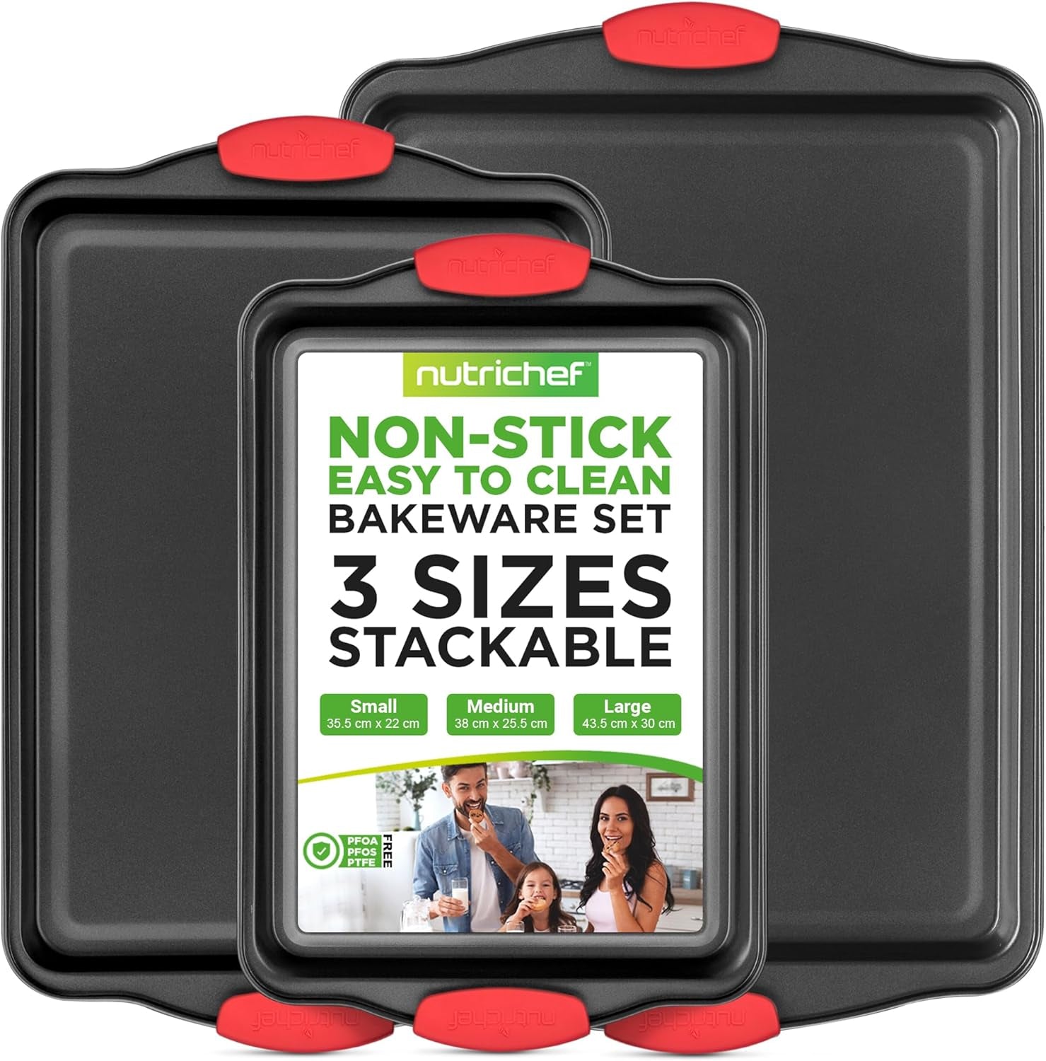 Baking Tray Set - Oven Baking Pans, 3 Piece Non-Stick Oven Trays, Deluxe & Stylish High Quality - Matal Bakeware, Black W/Red Silicone Handles