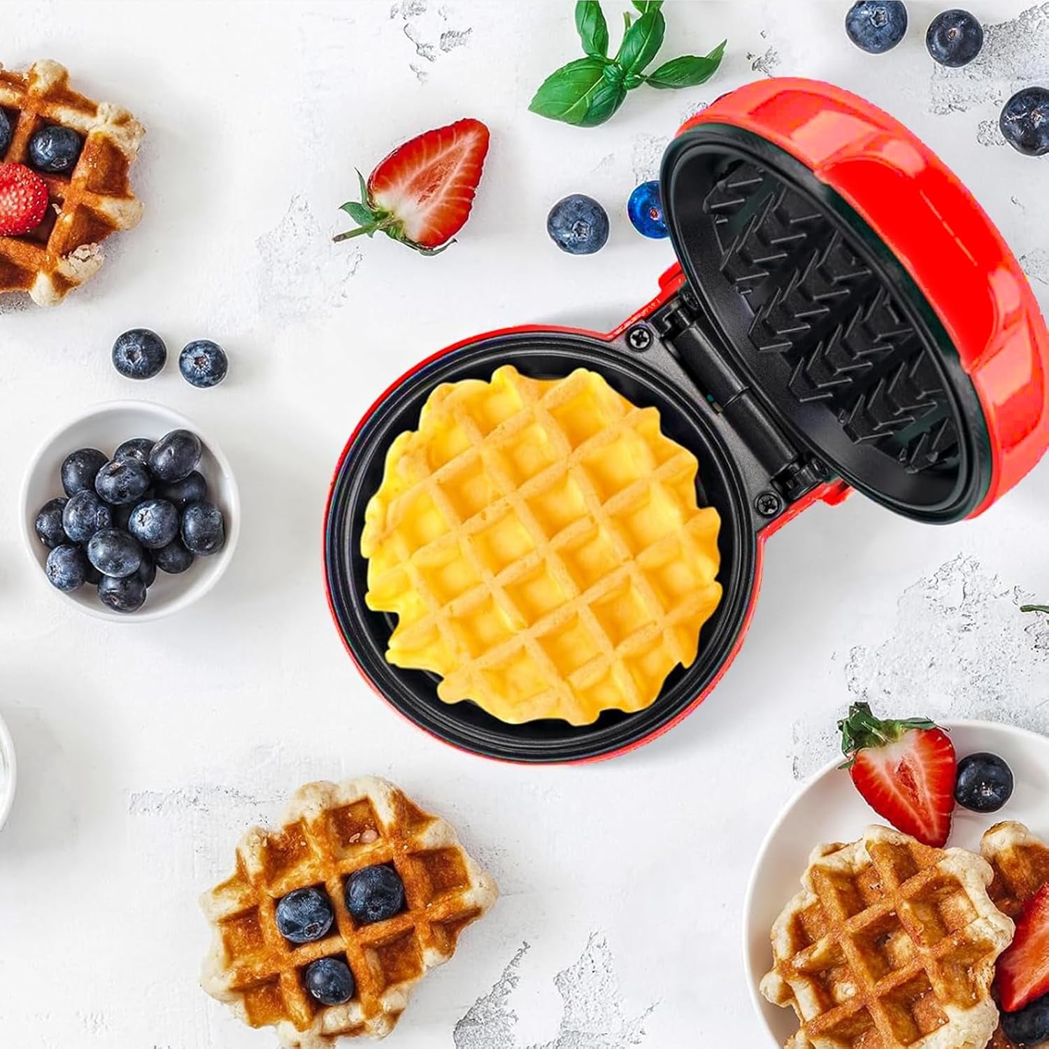 Mini Waffle Maker Non-Stick Waffle Iron Machine, Mini Pancake Maker with Power/Ready Indicator Light Waffle Maker for Waffles, Sweet/Savoury Snacks Desserts, Red