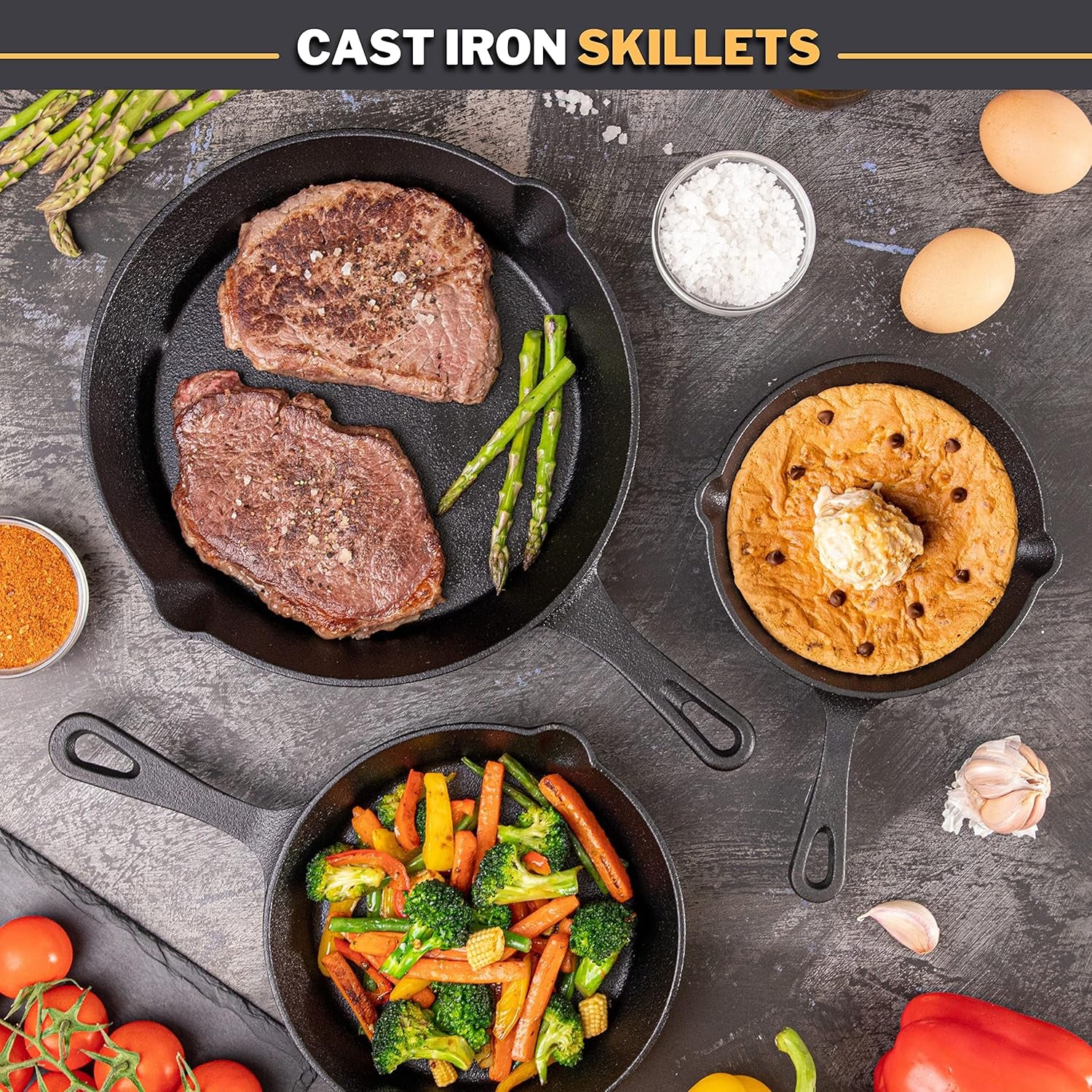 Pre-Seasoned Cast Iron Skillet Frying Pans Oven Safe Cookware for Indoor & Outdoor Use - Grill, Stovetop, Black (3-Piece Chef Set 6-Inch 15Cm, 8-Inch 20Cm, 10-Inch 25Cm)