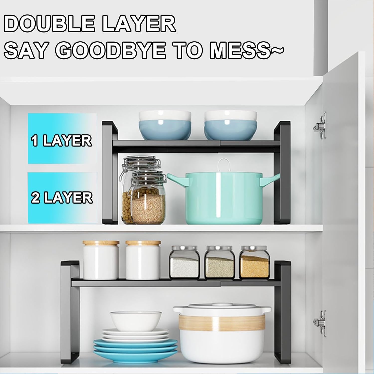 Extendable Kitchen Cupboard Shelf Expandable Storage Rack Shelf Kitchen Shelf Organiser,Spice Racks,Cupboard Shelf，Suitable for Home and Kitchen Storage,1 Pack Black
