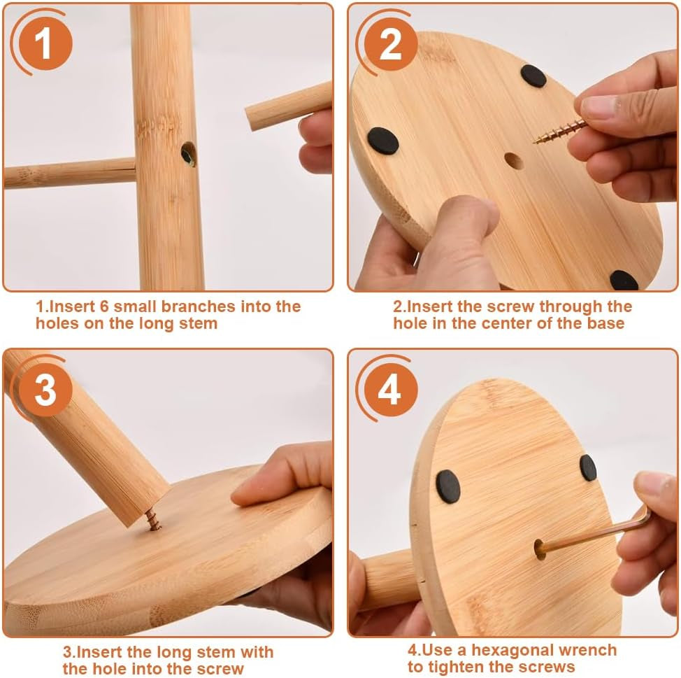 6 Cup Mug Tree Wooden Mug Tree Stand Wood Mug Rack Bamboo Cup Holder Tree Coffee Cup Holder Storage Organizer Kitchen Storage Rack with Anti-Slip Weighted Base for Coffee Tea Mugs Cups