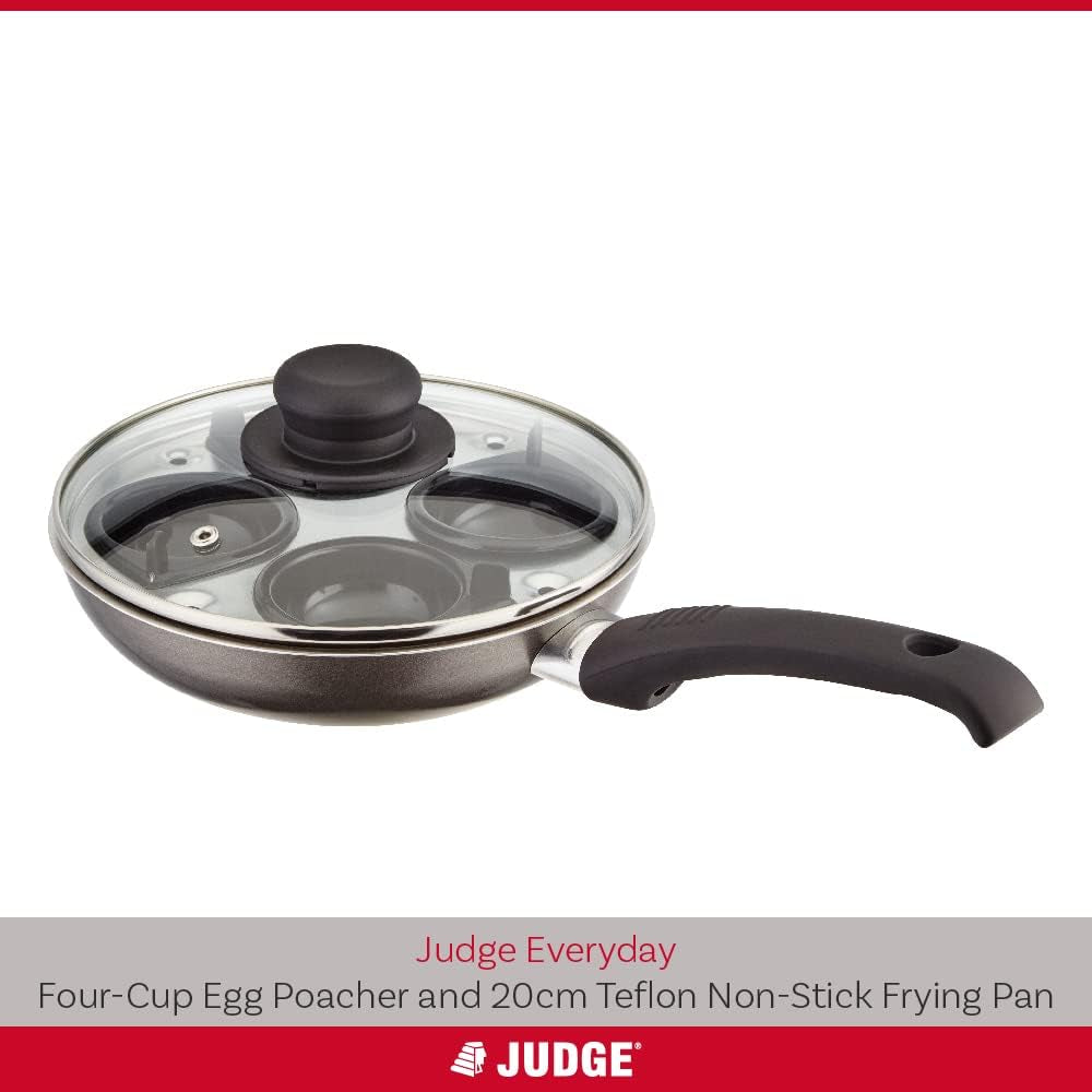 Everyday Non-Stick Four Cup Egg Poacher, 20Cm with Vented Glass Lid and Stay Cool Handle, Aluminium, Teflon
