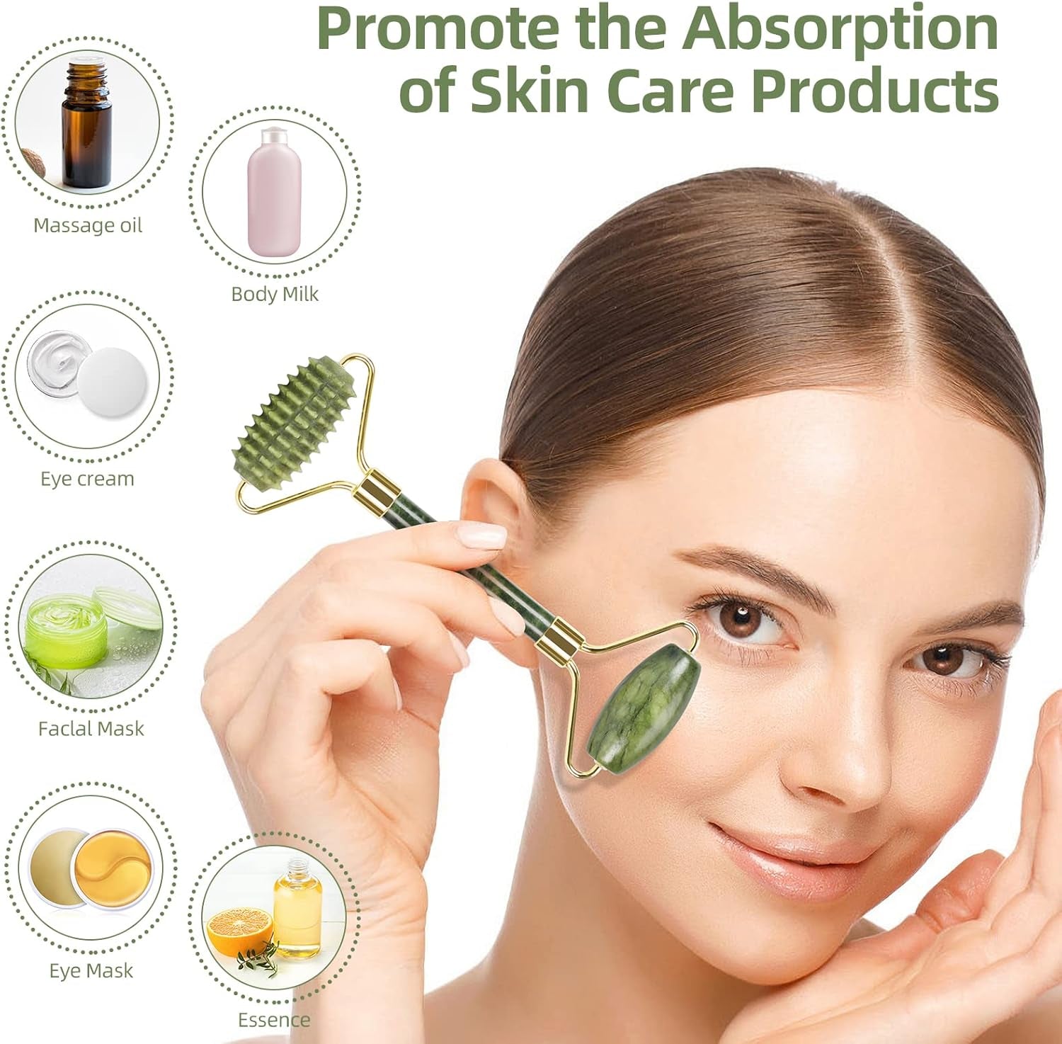 Jade Roller with Gua Sha Massage Set (3Pcs) - Face Roller for Eye Puffiness Treatment, Skin Tightening, Face & Neck, Natural Jade Face Massager & Perfect Self Care Gifts for Women