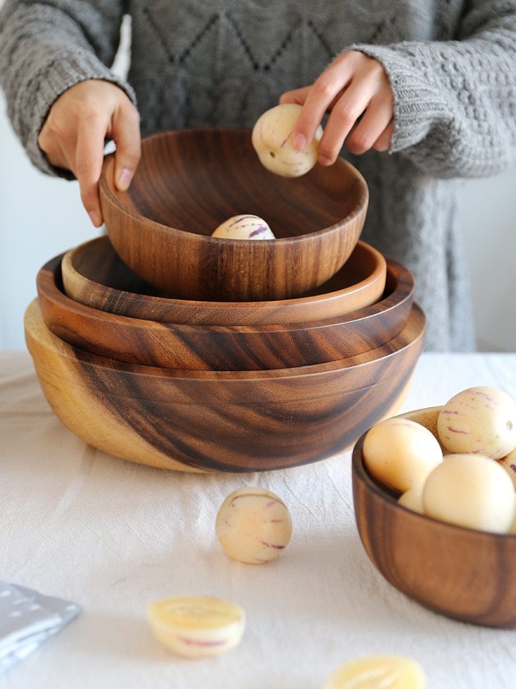 Natural Wooden Salad & Fruit Bowl, Durable Kitchen Serving Dish for Home & Restaurant
