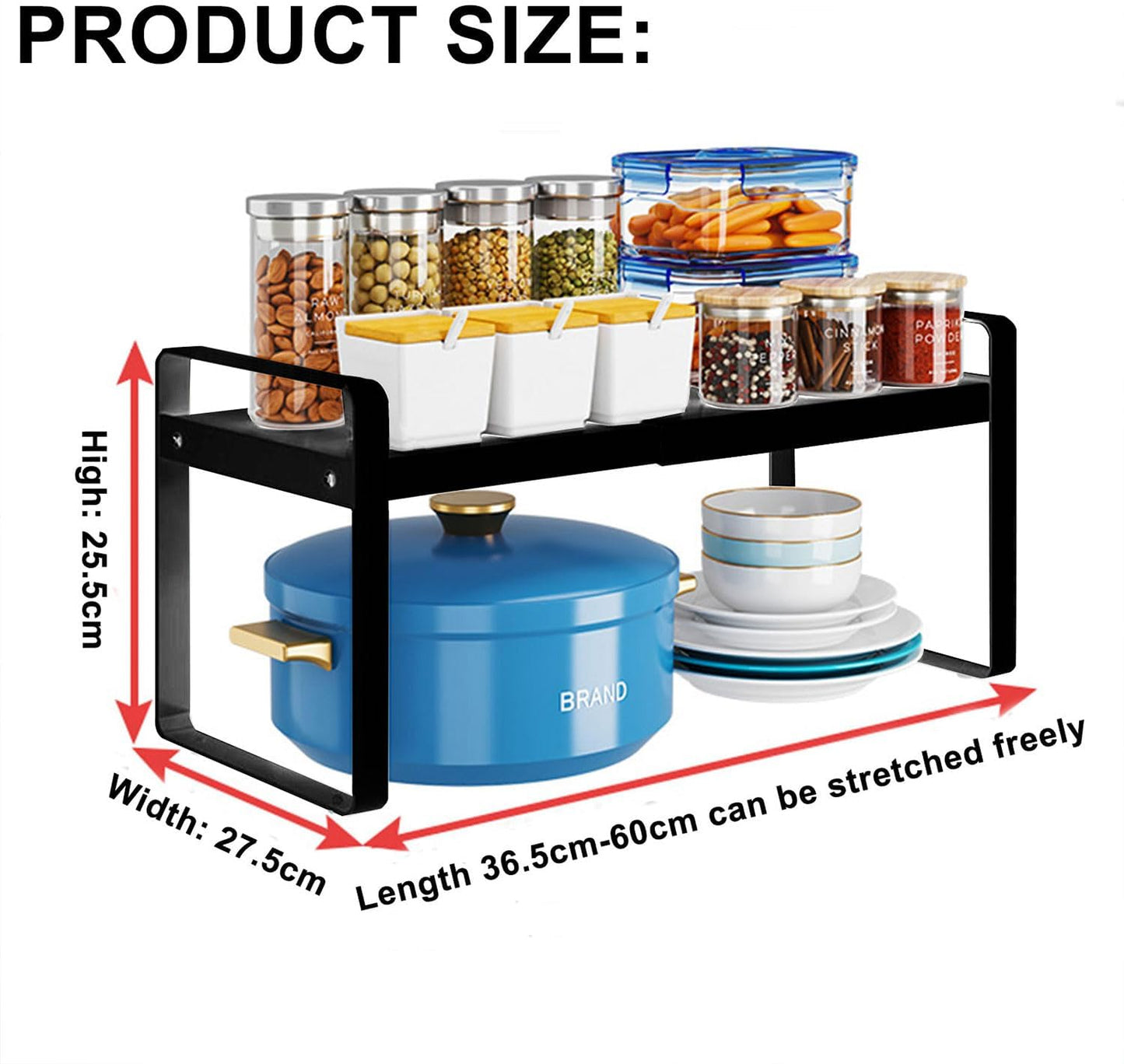 Extendable Kitchen Cupboard Shelf Expandable Storage Rack Shelf Kitchen Shelf Organiser,Spice Racks,Cupboard Shelf，Suitable for Home and Kitchen Storage,1 Pack Black