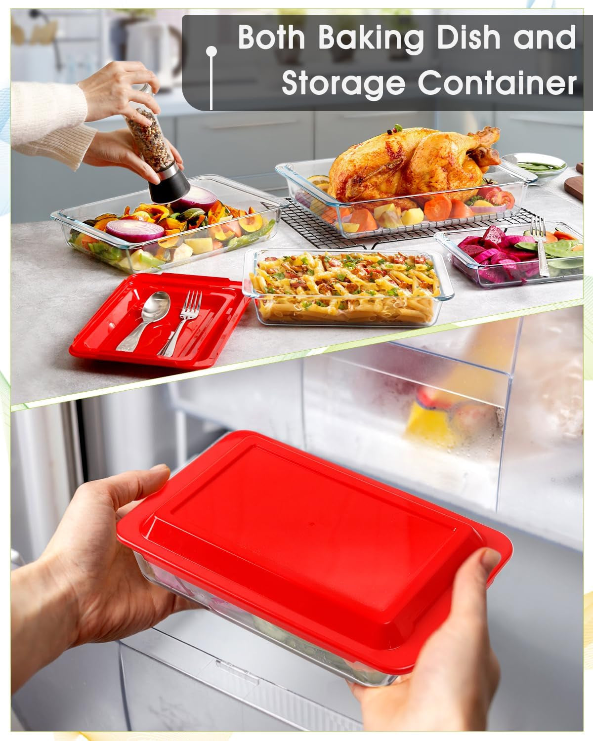 Set of 4 Glass Baking Dish with Lids, Lasagne Dish Set, Lasagna Dishes for Oven, Rectangular Glass Baking Dishes (1.0+1.7+2.8+4.2L)