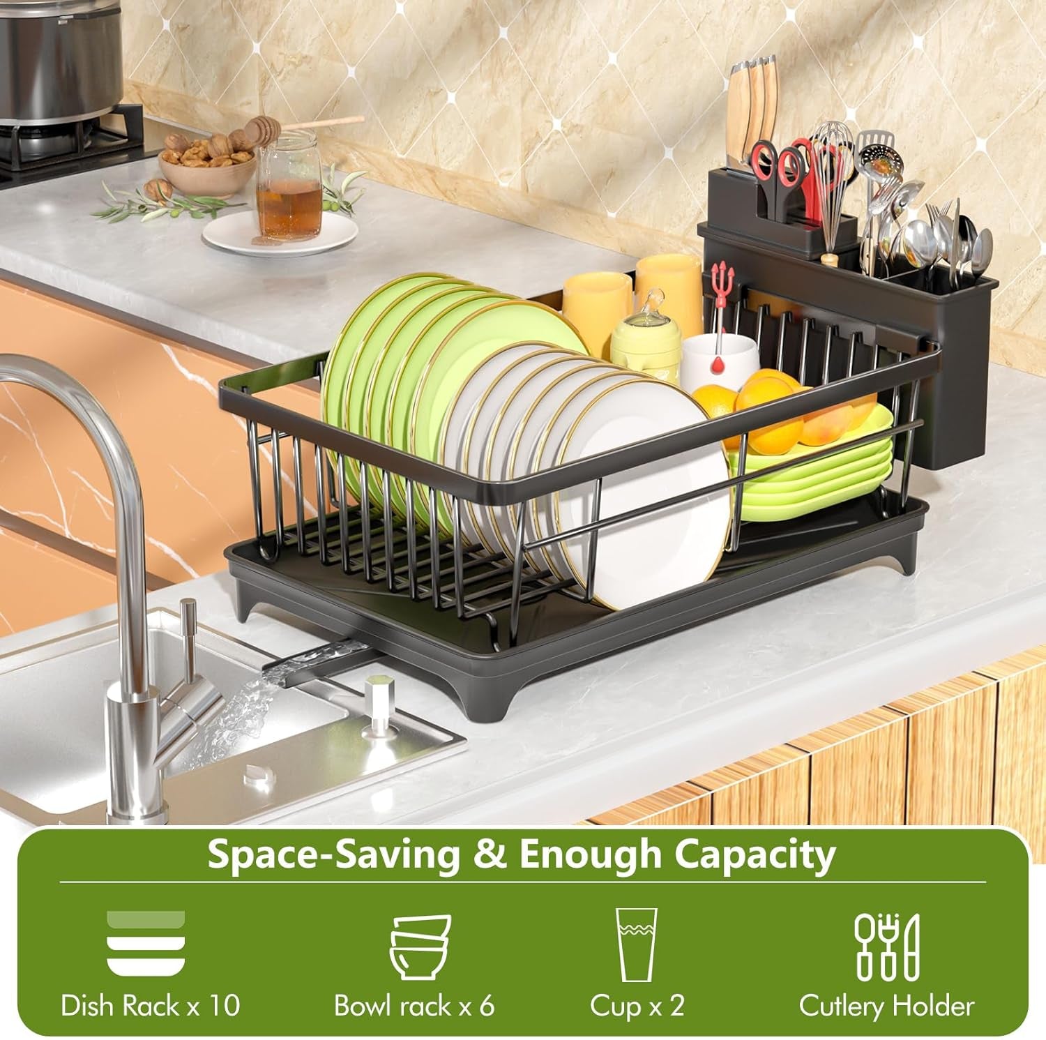 Dish Drainer Rack, Space Saving Dish Drainer for Kitchen Counter with Utensil Holder, Kitchen Dish Rack Sink Dish Drying Rack with Drain Board, Black