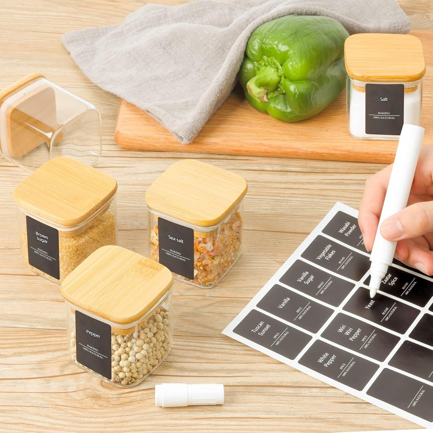 12 Pcs Glass Spice Jars with Bamboo Lids, 4Oz/120Ml Square Glass Storage Jars with 275 Black Lables, Airtight Spice Jars with Lids, Glass Container for Spice, Salt, Sugar, Seeds, Nuts Etc