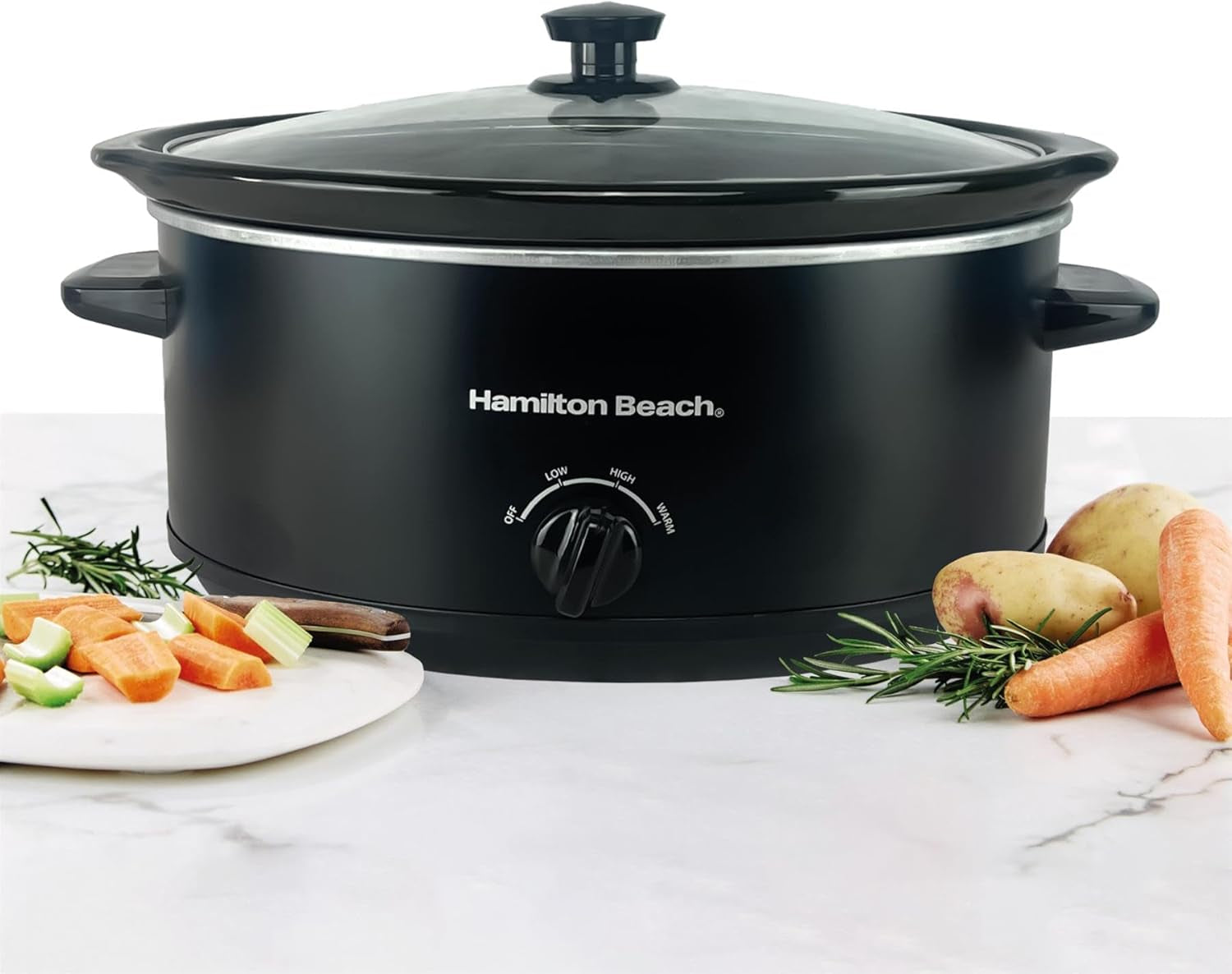 6.5L Slow Cooker, Removable Easy-Clean Ceramic Bowl, 3 Settings, Serves 6-8 People, Energy-Efficient - HBSC070B, Black