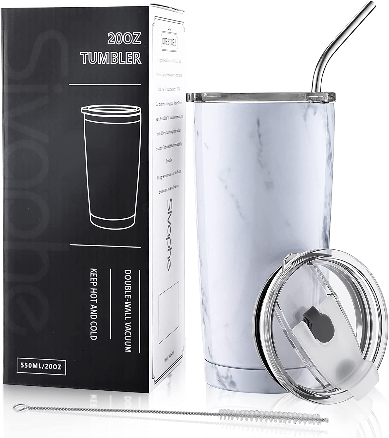 Stainless Steel Travel Tumbler with Straw and Lids, Insulated Coffee Cup Double Wall Vacuum for Men Women, 550ML/20OZ, Blue