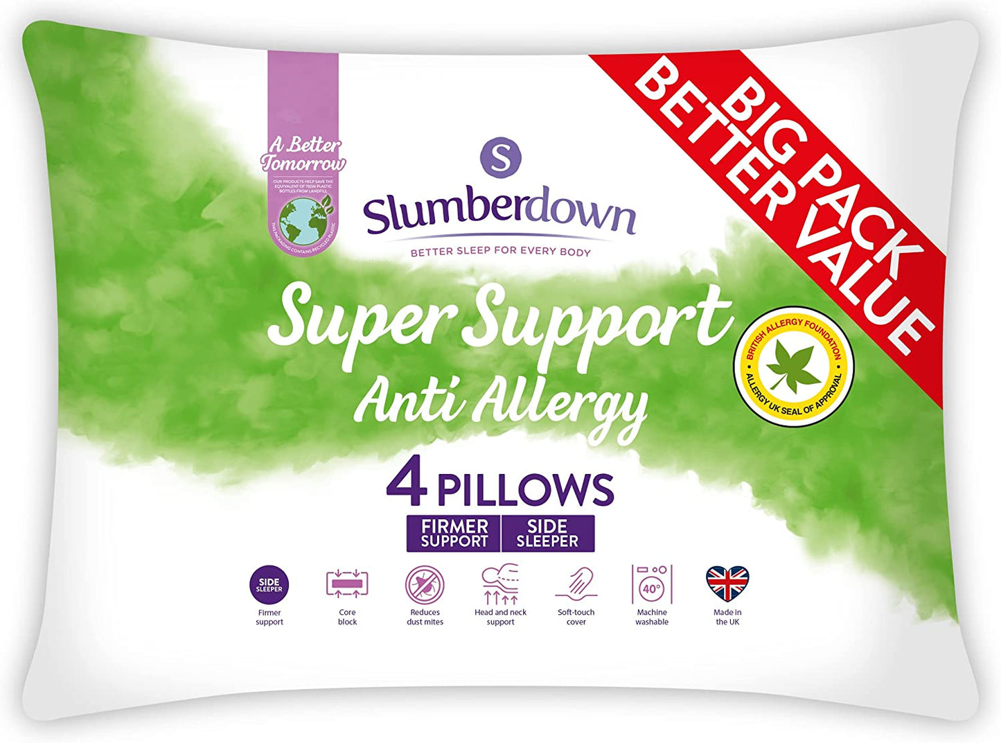 Pillows 4 Pack - Super Support Firm Side Sleeper Bed Pillows for Neck and Shoulder Pain Relief - Comfy & Supportive Pillow, Hypoallergenic, Made in the UK, Standard Size (48Cm X 74Cm)