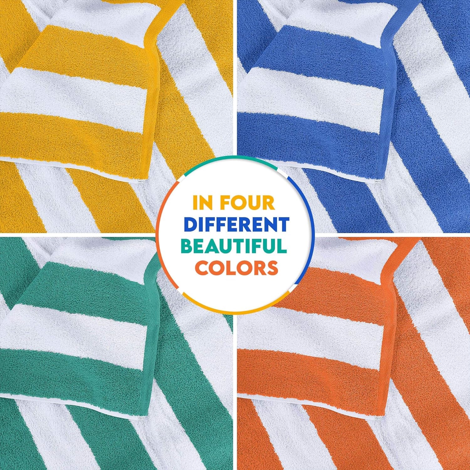 Cabana Stripe Beach Towels (76 X 152 Cm) - 100% Ring Spun Cotton Large Pool Towels, Soft and Quick Dry Swim Towels (Pack of 4) (Blue, Green, Orange & Yellow)