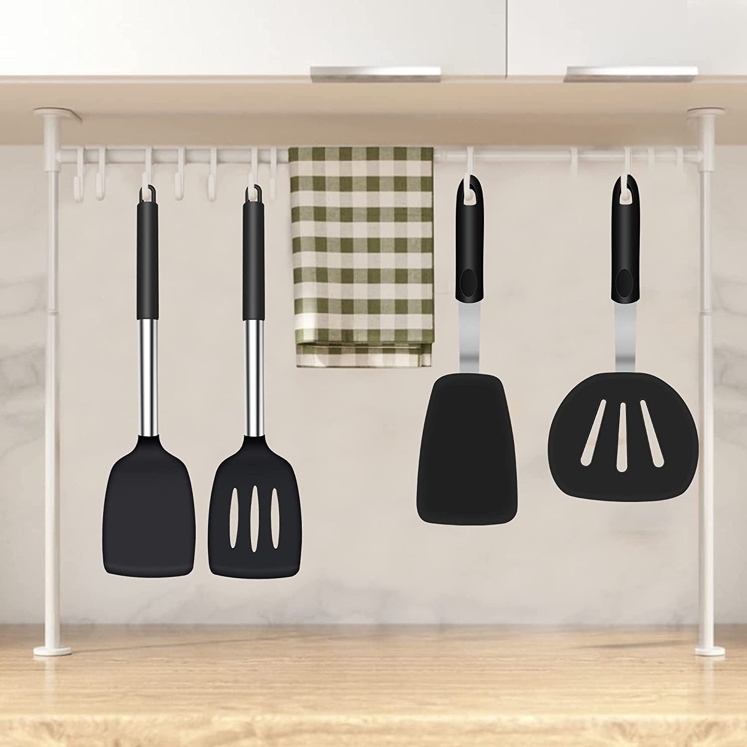 Silicone Spatula Turner, Heat Resistant Slotted Spatula Solid Turner for Cooking, BPA Free Large Black Silicone Spatula Kitchen Utensils for Baking Non Stick Cookware, Dishwasher Safe, 2 Pack