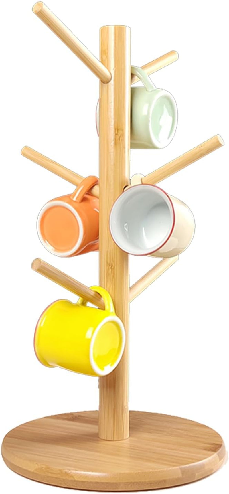 6 Cup Mug Tree Wooden Mug Tree Stand Wood Mug Rack Bamboo Cup Holder Tree Coffee Cup Holder Storage Organizer Kitchen Storage Rack with Anti-Slip Weighted Base for Coffee Tea Mugs Cups