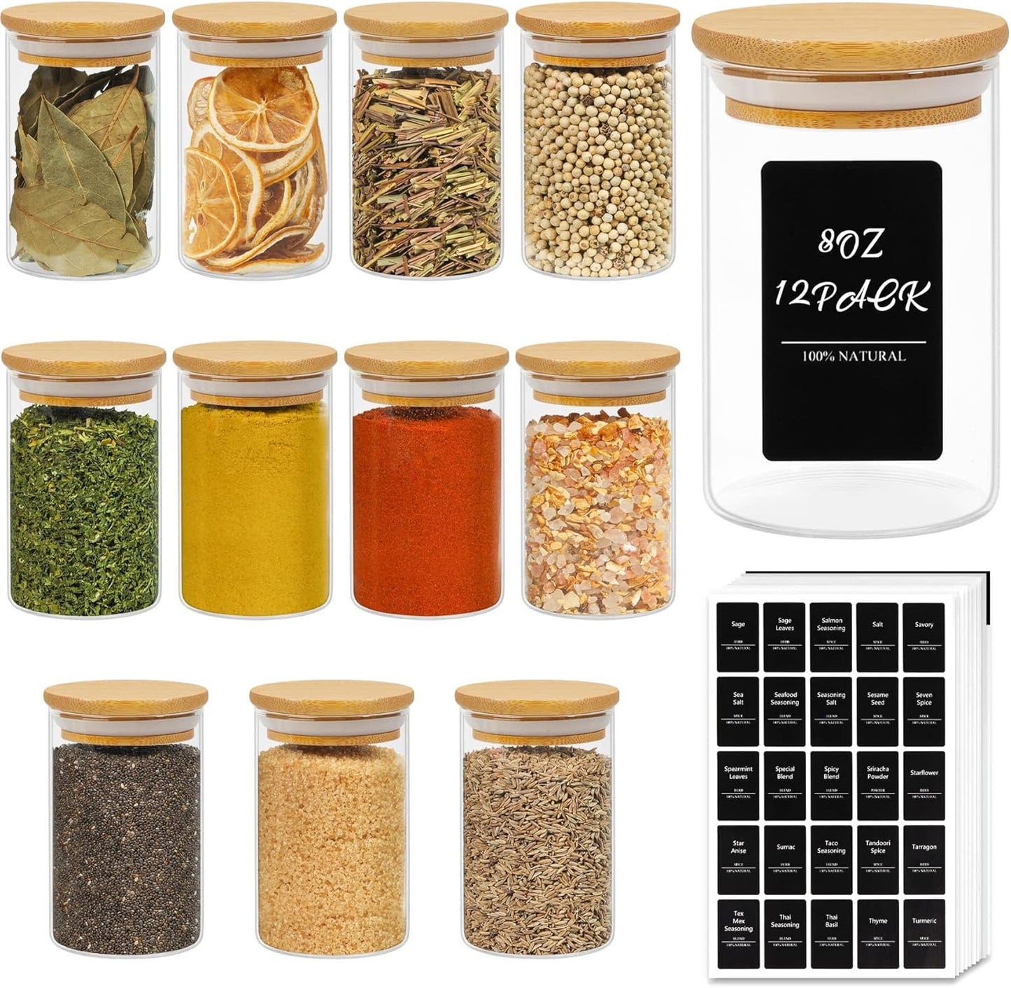 12 Pcs Glass Spice Jars with Bamboo Lids, 4Oz/120Ml Square Glass Storage Jars with 275 Black Lables, Airtight Spice Jars with Lids, Glass Container for Spice, Salt, Sugar, Seeds, Nuts Etc