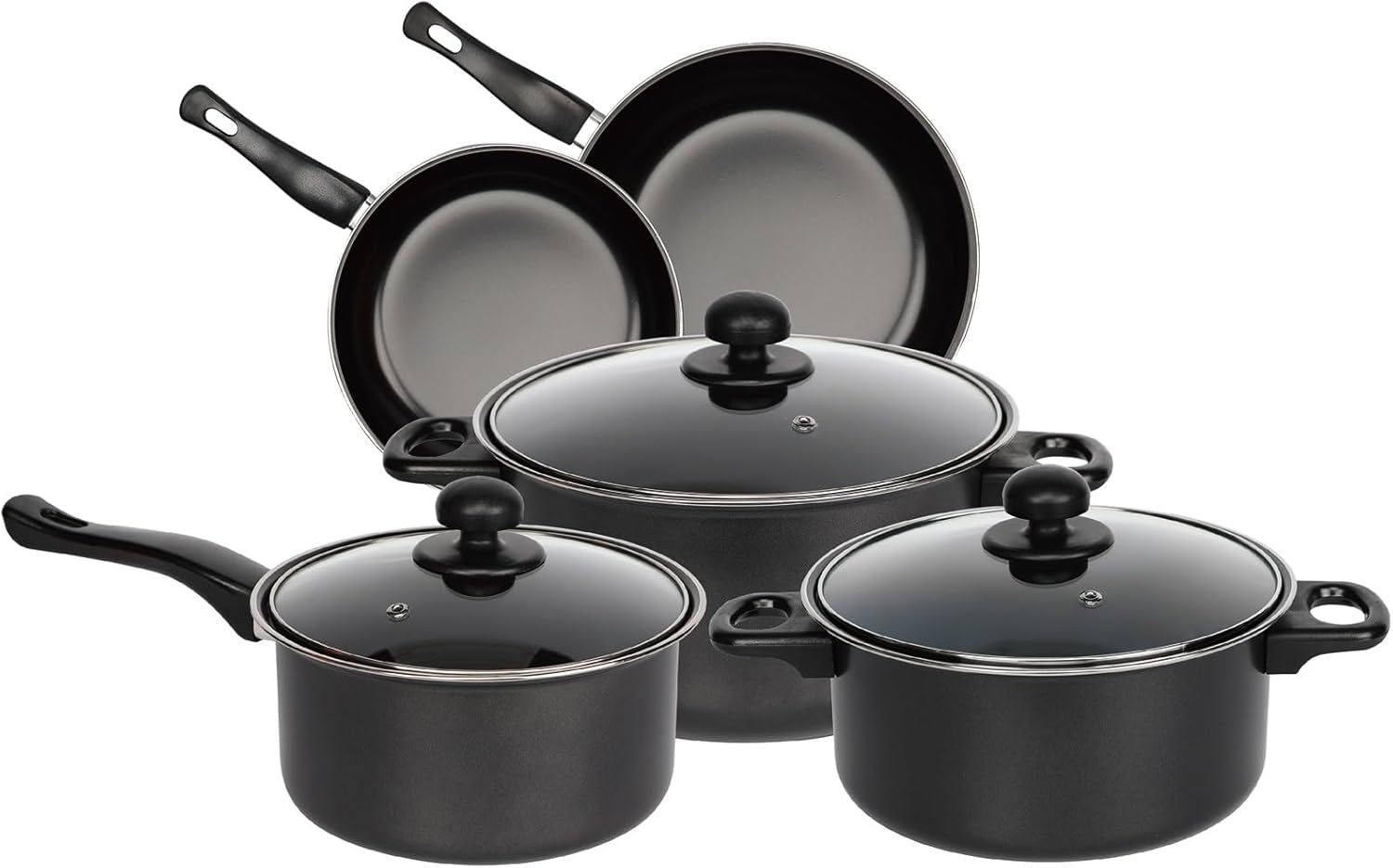 Black 8 Piece Carbon Steel Non Stick Kitchen Cookware Set Casserole Cooking Pot Frying Pan Saucepan with Glass Lids