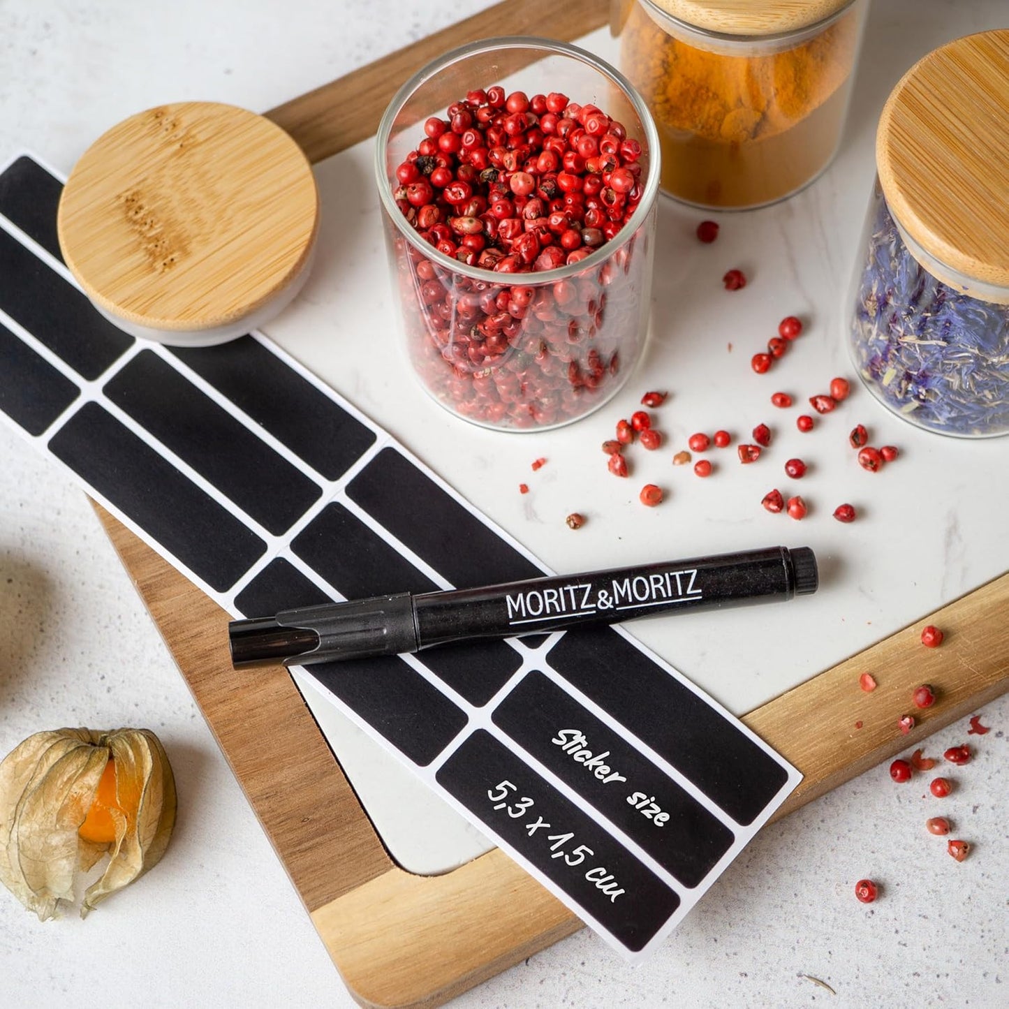 12X Spice Jars with Lids and Labels - 4.4Oz/125 Ml - Glass Spice Jars with Bamboo Lids with 12 X Labels and 1 X Chalk Pencil - Spices Jars - Seasoning Jars