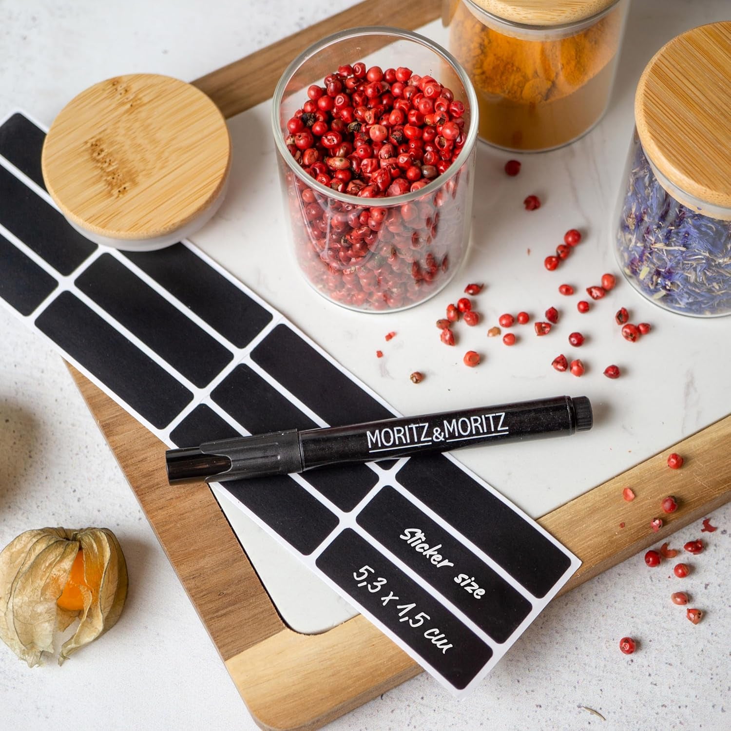 12X Spice Jars with Lids and Labels - 4.4Oz/125 Ml - Glass Spice Jars with Bamboo Lids with 12 X Labels and 1 X Chalk Pencil - Spices Jars - Seasoning Jars