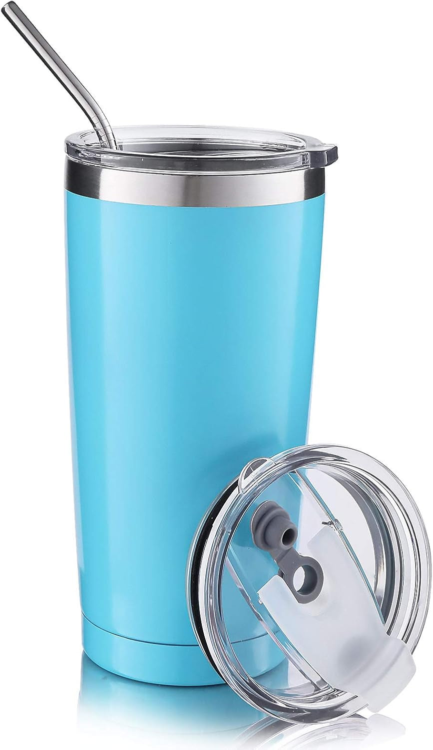 Stainless Steel Travel Tumbler with Straw and Lids, Insulated Coffee Cup Double Wall Vacuum for Men Women, 550ML/20OZ, Blue