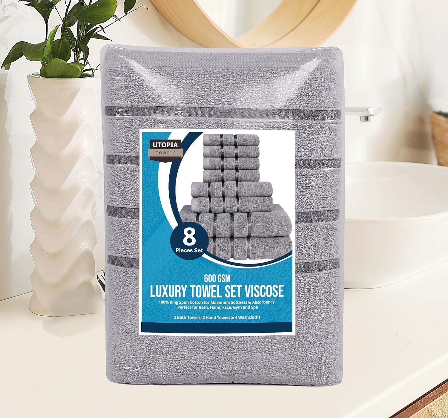 8-Piece Luxury Towel Set, 2 Bath Towels, 2 Hand Towels, and 4 Wash Cloths,97% Ring Spun Cotton Highly Absorbent Viscose Stripe Towels Ideal for Everyday Use (Cool Grey)