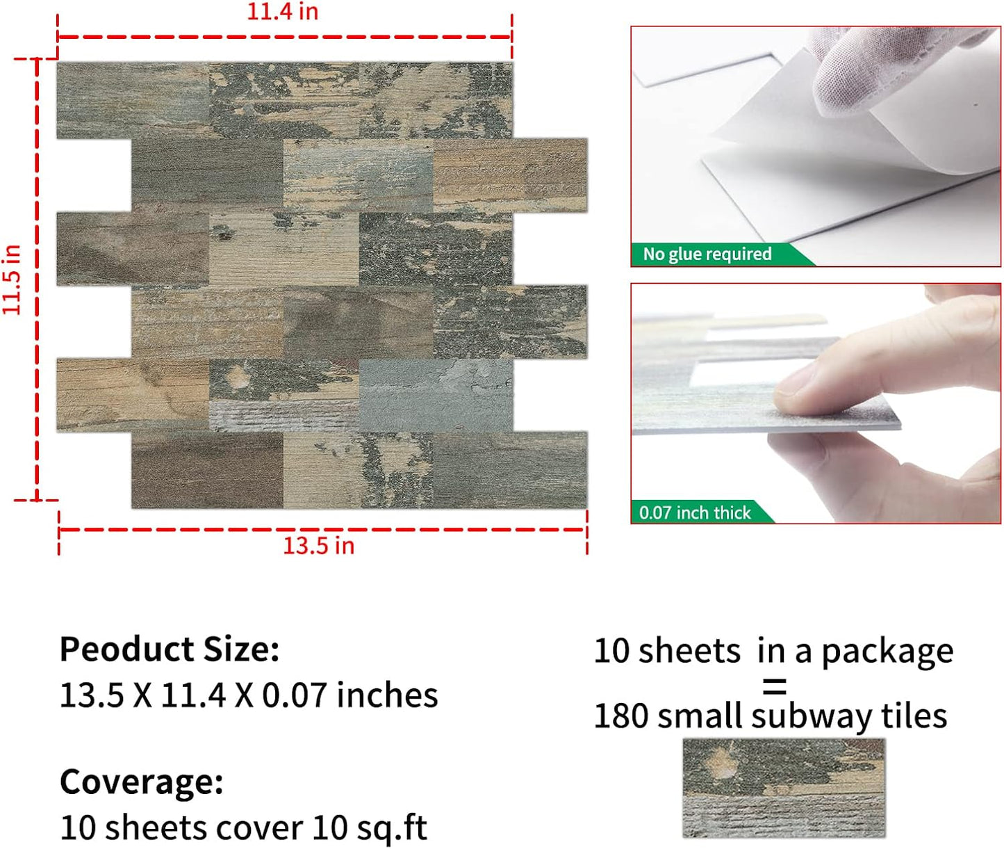 Peel and Stick on Self Adhesive Wall Tiles for Kitchen Splashback Sticky Vintage Wood Look Green 10-Sheet (13.5" X 11.4")