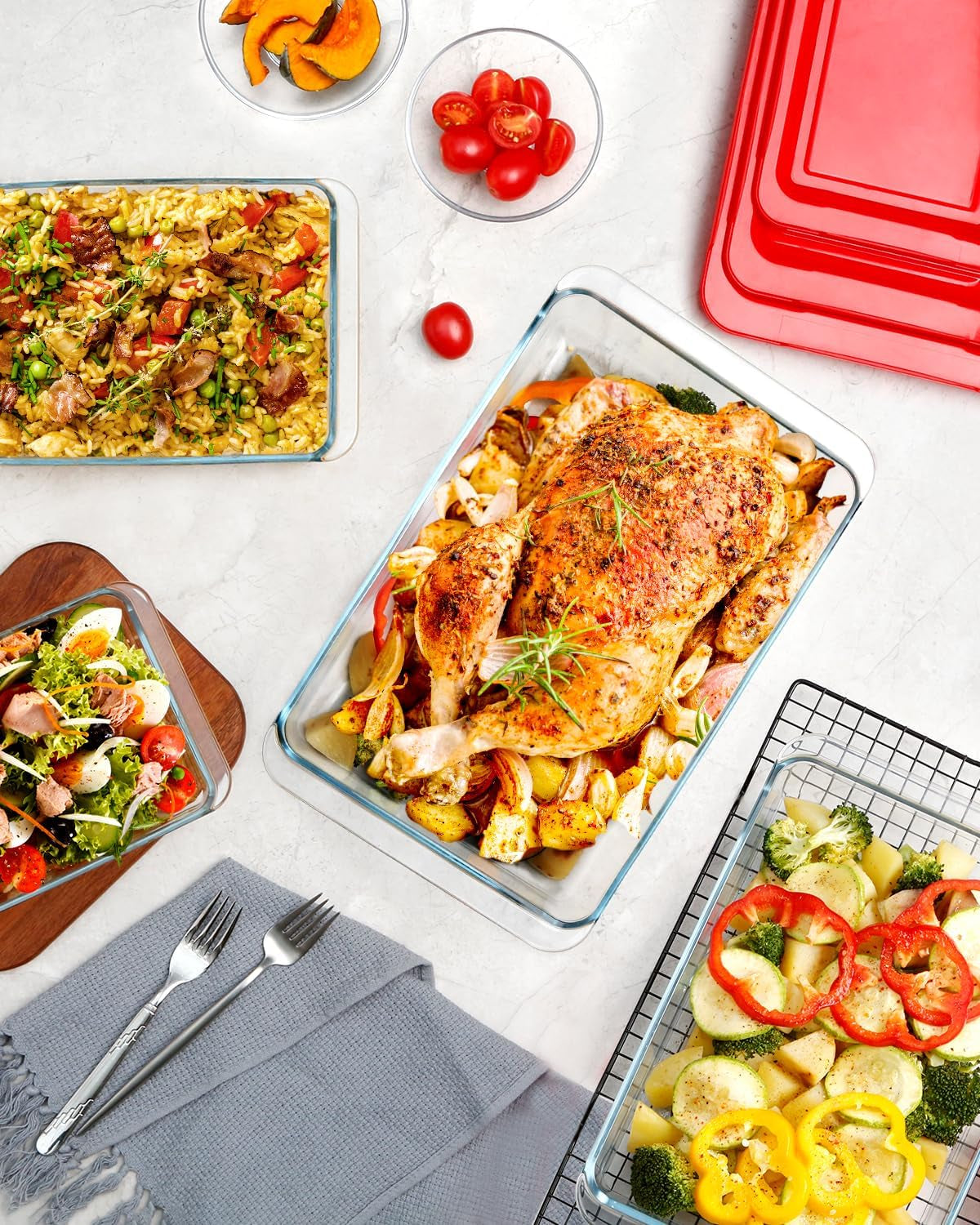 Set of 4 Glass Baking Dish with Lids, Lasagne Dish Set, Lasagna Dishes for Oven, Rectangular Glass Baking Dishes (1.0+1.7+2.8+4.2L)