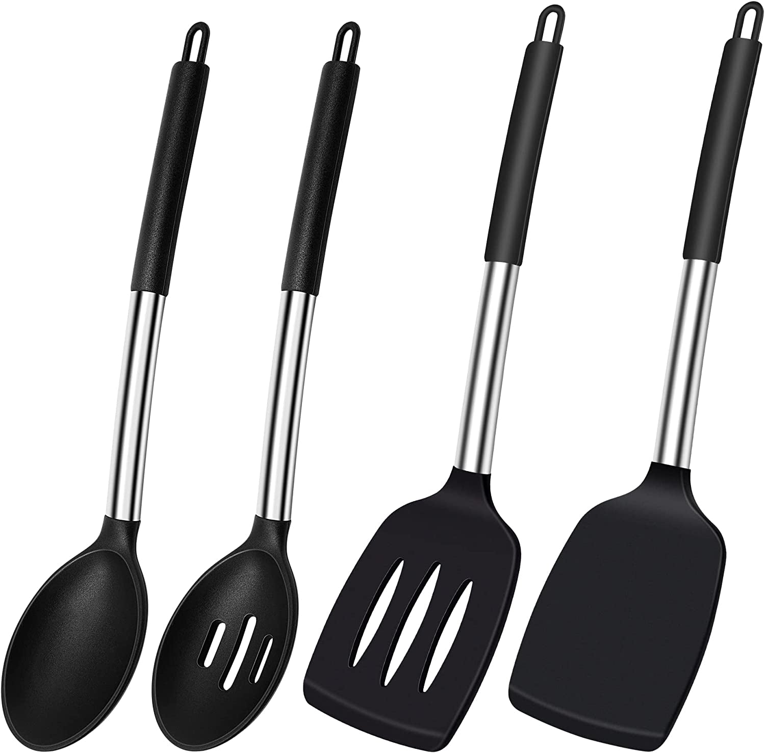Silicone Spatula Turner, Heat Resistant Slotted Spatula Solid Turner for Cooking, BPA Free Large Black Silicone Spatula Kitchen Utensils for Baking Non Stick Cookware, Dishwasher Safe, 2 Pack