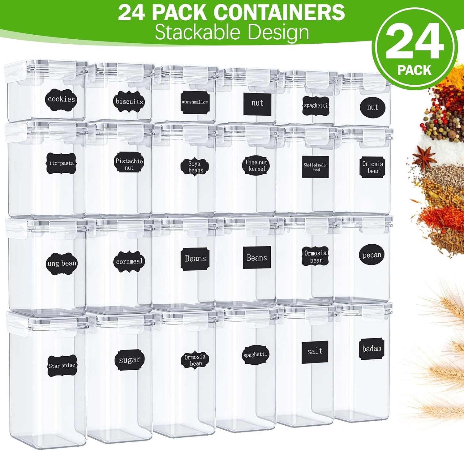 24 Pack Food Storage Containers - BPA Free, Airtight Kitchen Storage for Cereal, Flour, Sugar & Baking Supplies with 24 Labels & 1 Marker