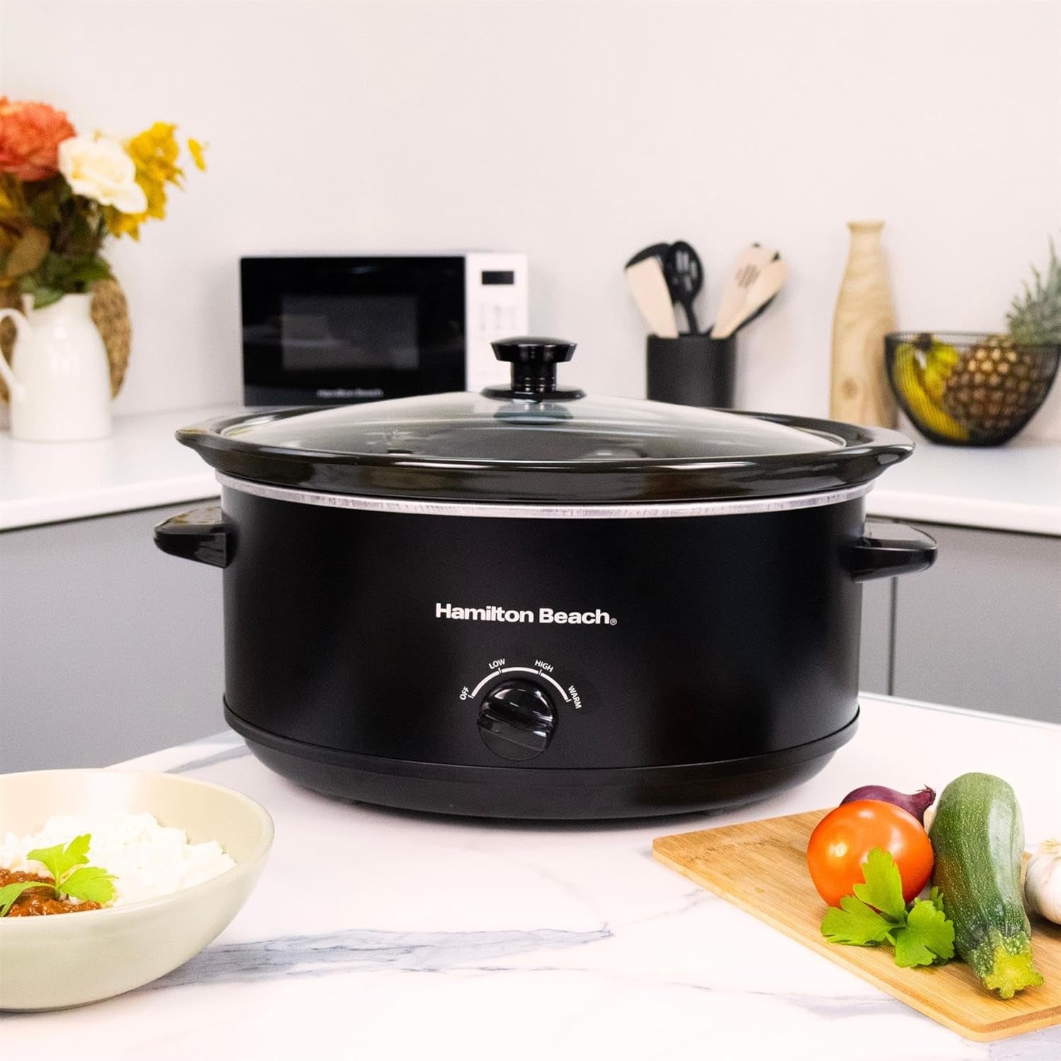 6.5L Slow Cooker, Removable Easy-Clean Ceramic Bowl, 3 Settings, Serves 6-8 People, Energy-Efficient - HBSC070B, Black